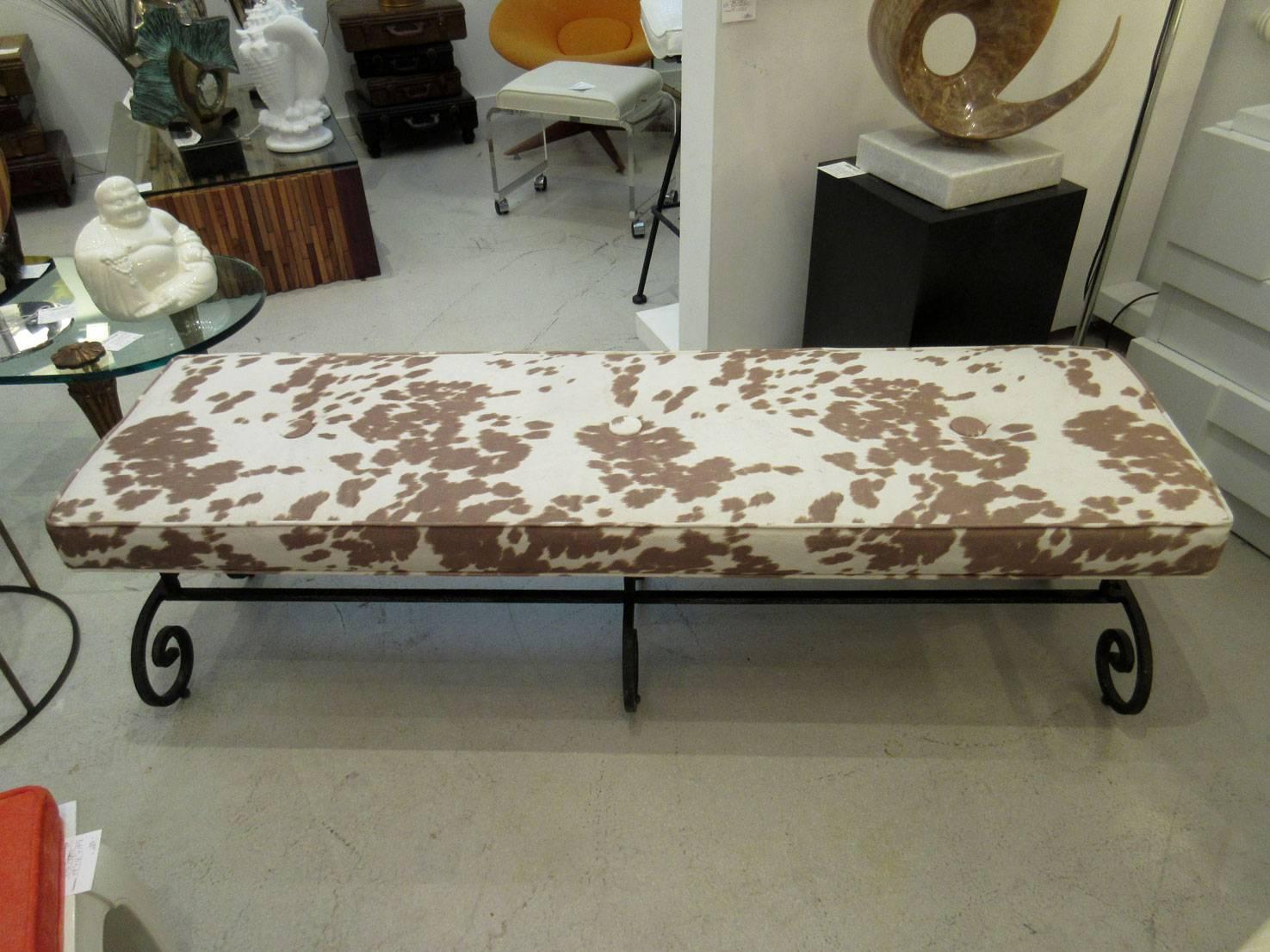Faux Cowhide Bench with Black Iron Base In Good Condition For Sale In West Palm Beach, FL