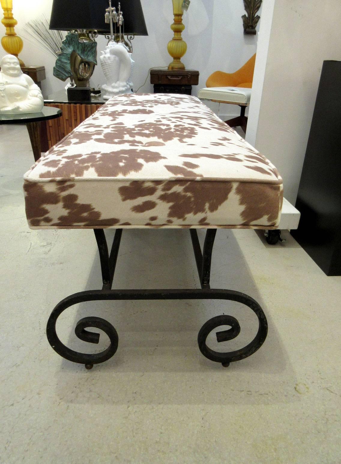 Faux Cowhide Bench with Black Iron Base For Sale 1