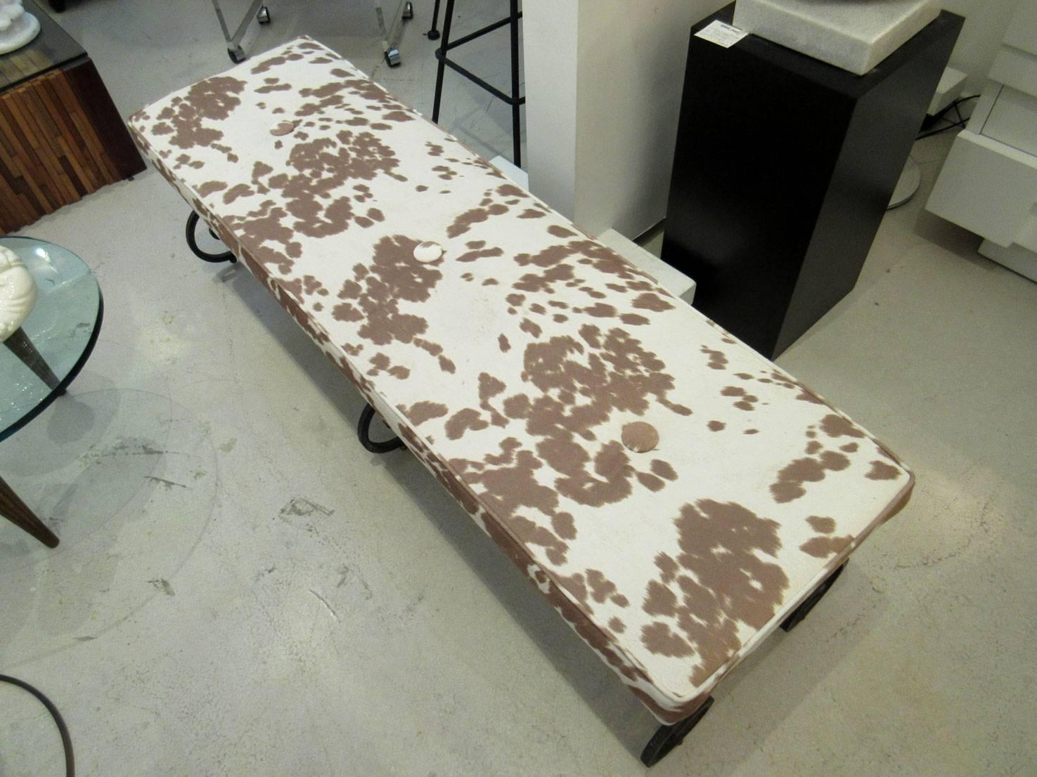 20th Century Faux Cowhide Bench with Black Iron Base For Sale