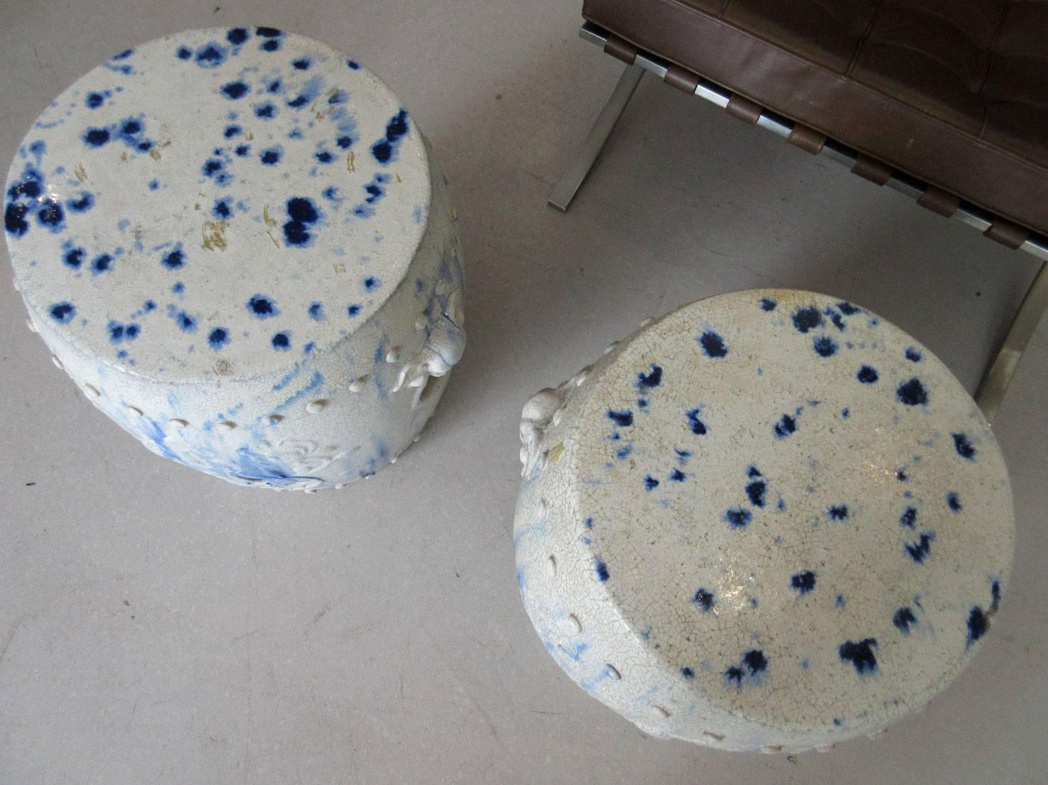 Contemporary Pair of Chinese Ceramic Garden Seats with Blue Tye-Dye Glaze