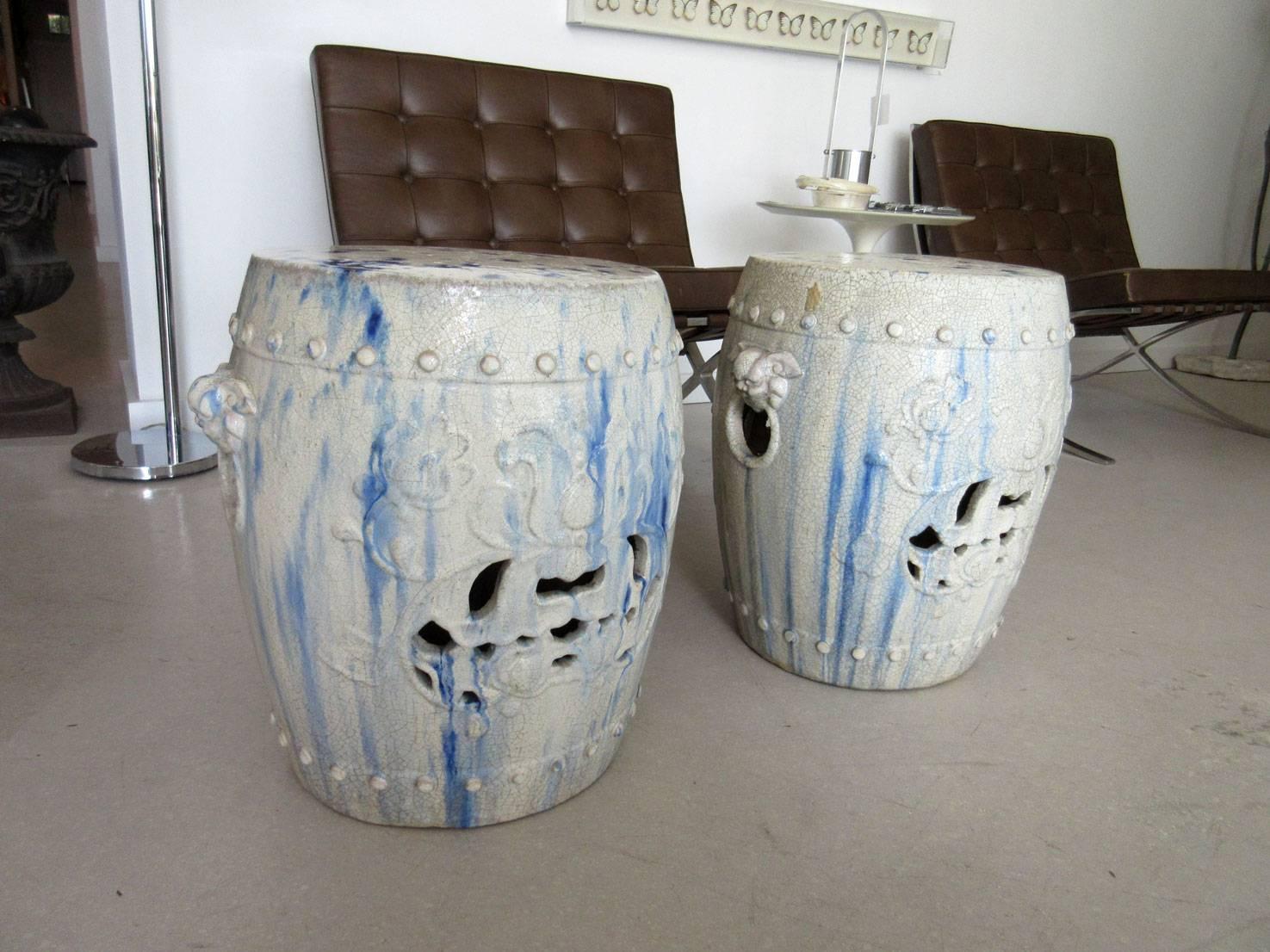 Glazed Pair of Chinese Ceramic Garden Seats with Blue Tye-Dye Glaze