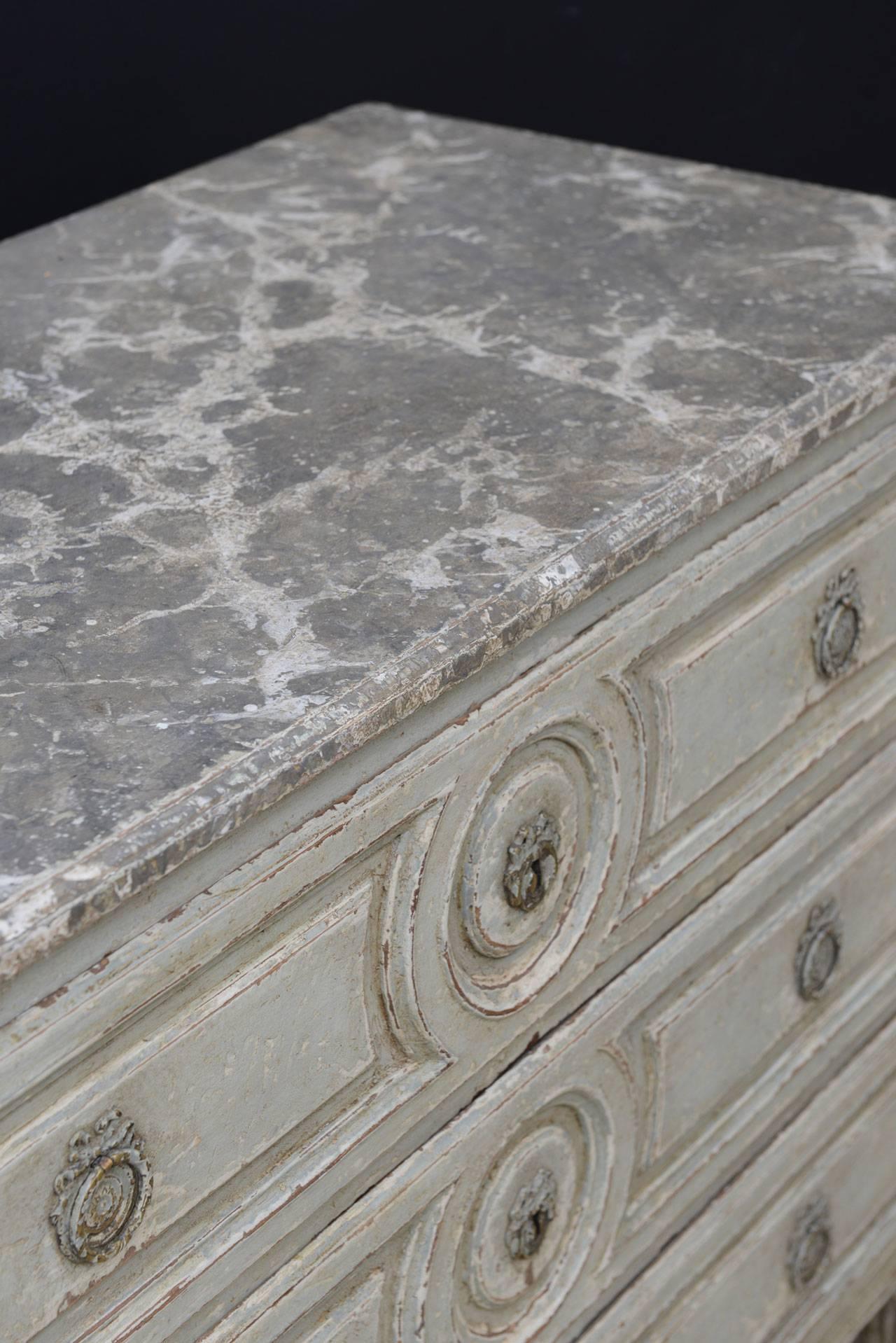 20th Century French Louis XVI Style Painted Chest of Drawers with Faux Marble Top For Sale
