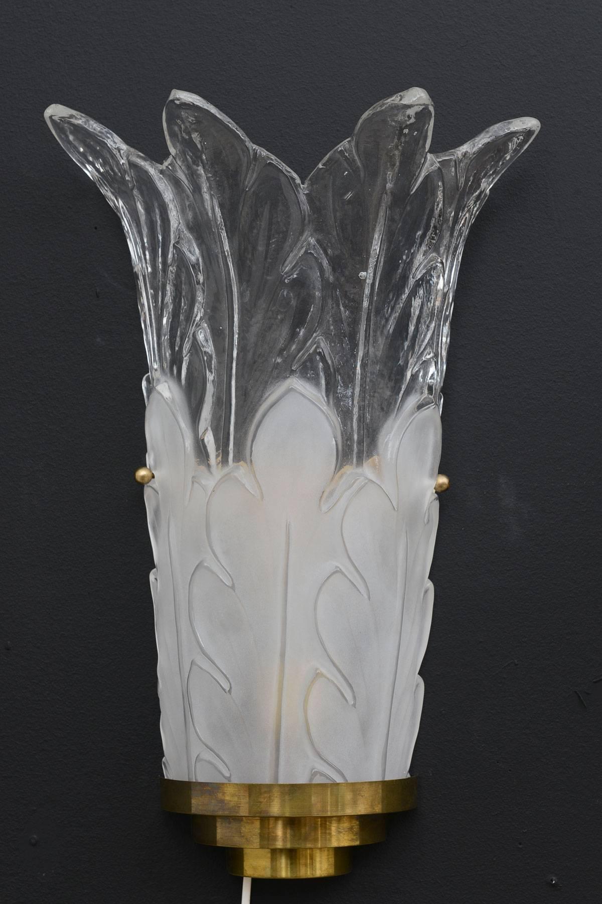 Art Deco Pair of Deco-Style Frosted and Clear Glass Sconces