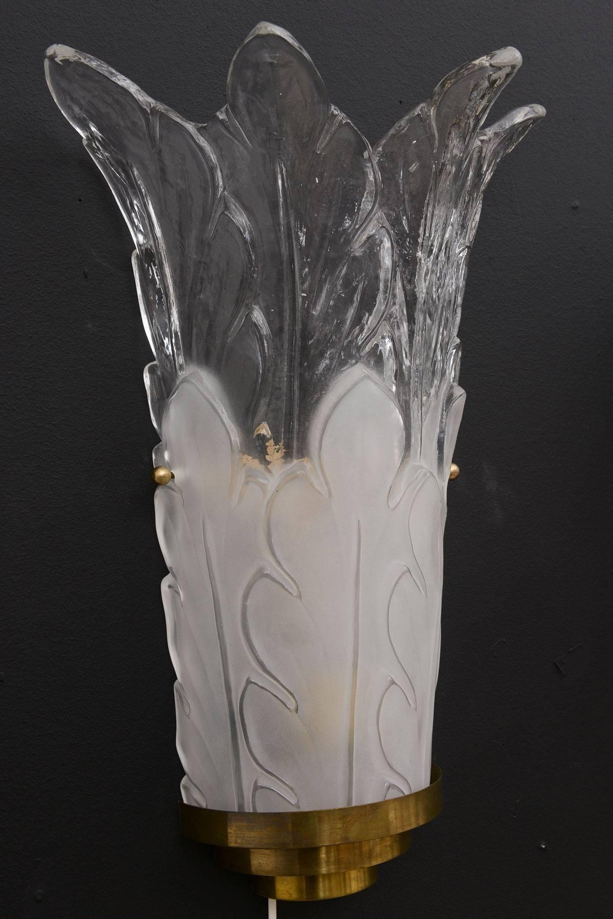 Italian Pair of Deco-Style Frosted and Clear Glass Sconces