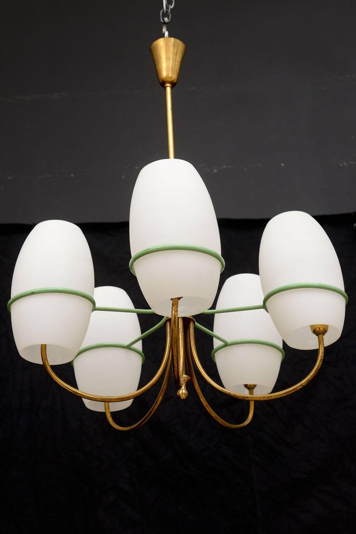 Vintage Mid-Century Italian chandelier with green enamel holders for the opaline shades. The fixture has five sockets and has been professionally rewired to US standards.