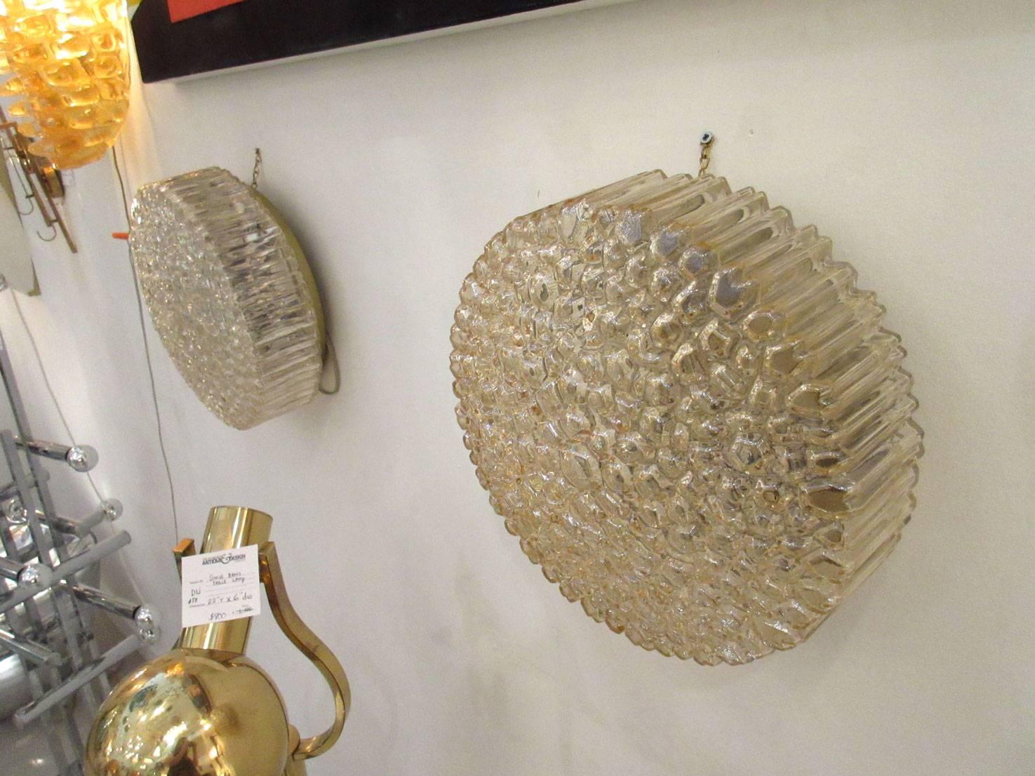 Mid-Century Modern Pair of Round Textured Glass Limburg Flush Mounts For Sale