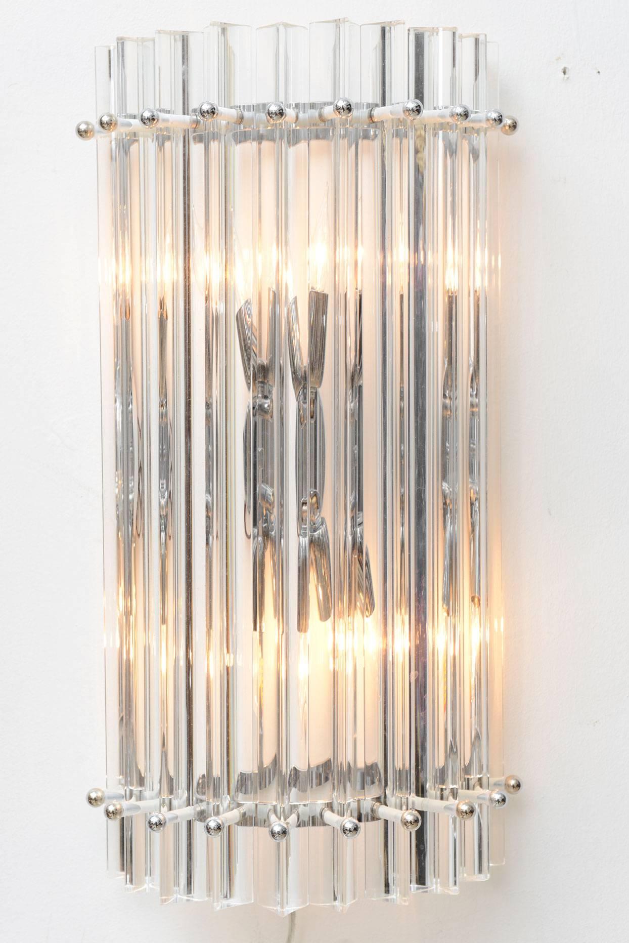 Pair of Italian glass sconces with glass prism like rods attributed to Venini.