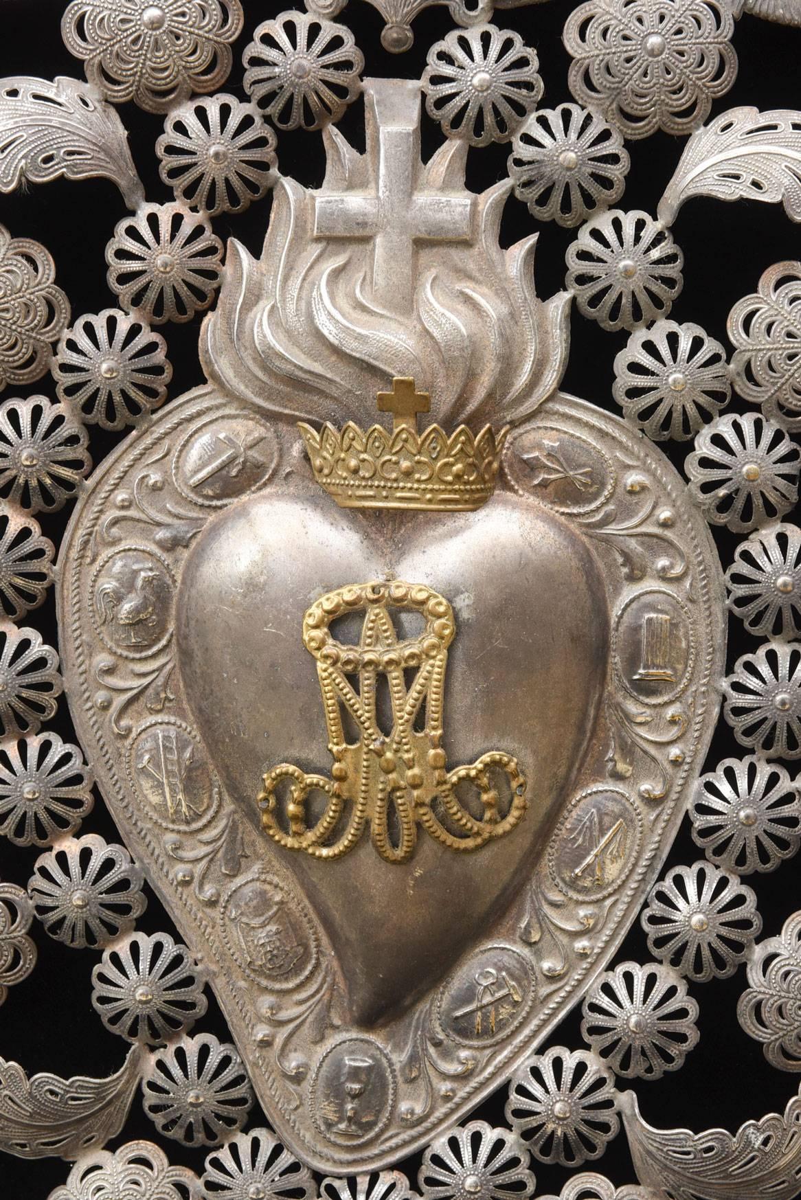 Italian Antique Large Silver Sacred Heart Ex-Voto Monogramed 