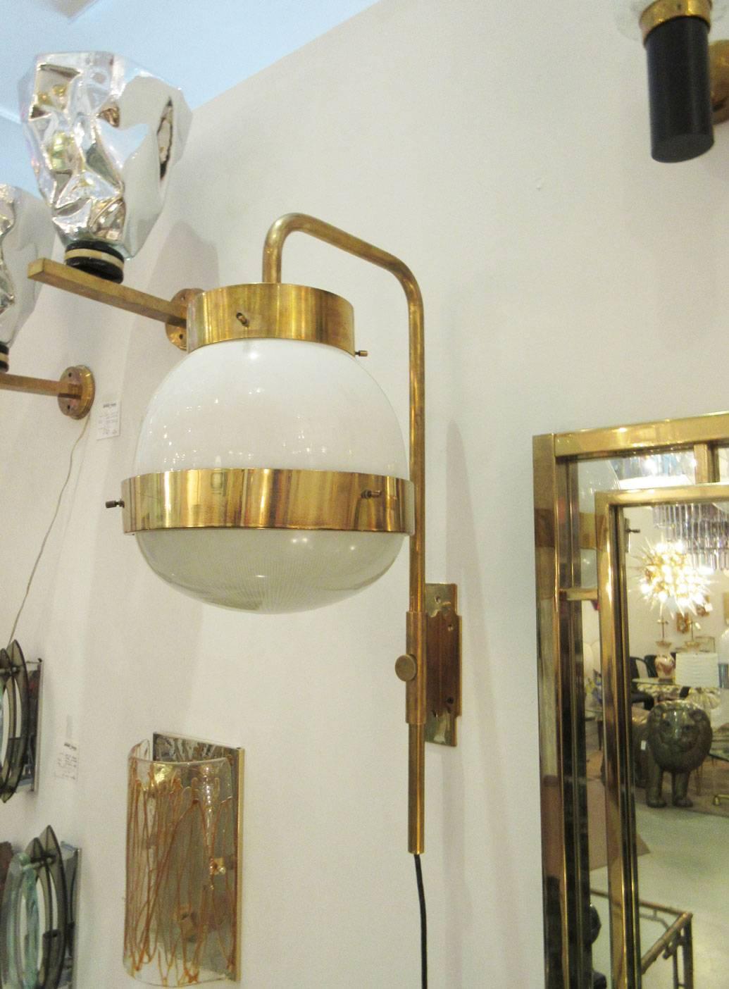 Pair of large Sergio Mazza Italian glass and brass Delta sconces by Artemide.