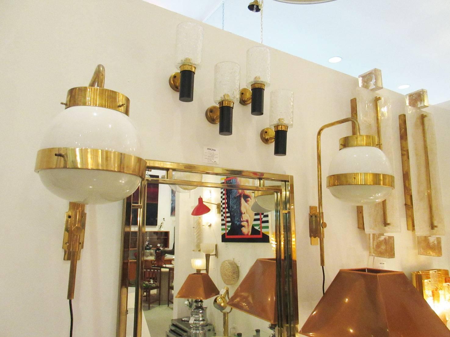 Mid-20th Century Pair of Sergio Mazza Italian Glass and Brass Delta Sconces by Artemide For Sale
