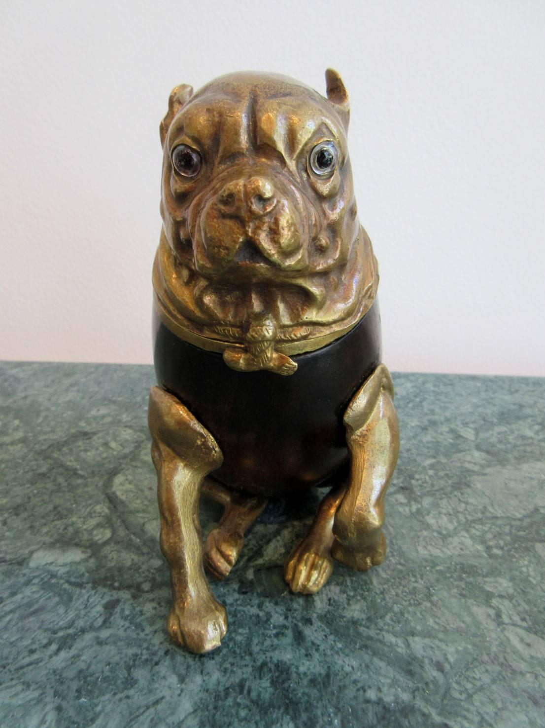 Vintage brass and wood Arthur Court bull dog or pug humidor box.