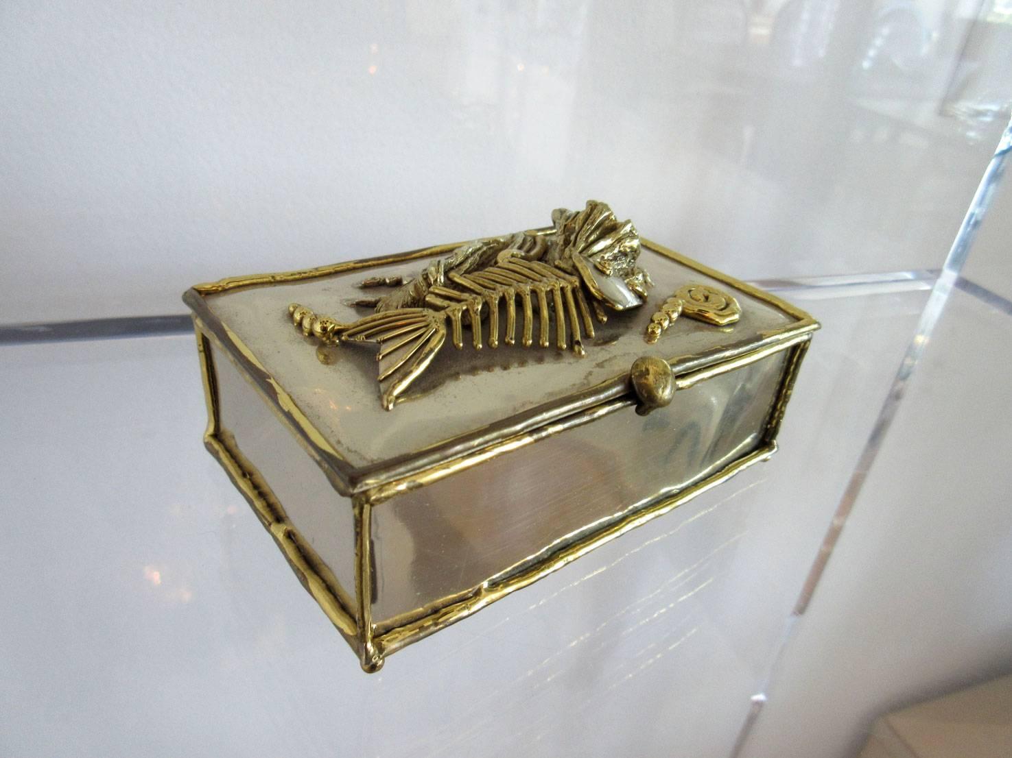 Mid-Century Modern Mixed Metal Brutalist Box with Sculptural Fish Motif