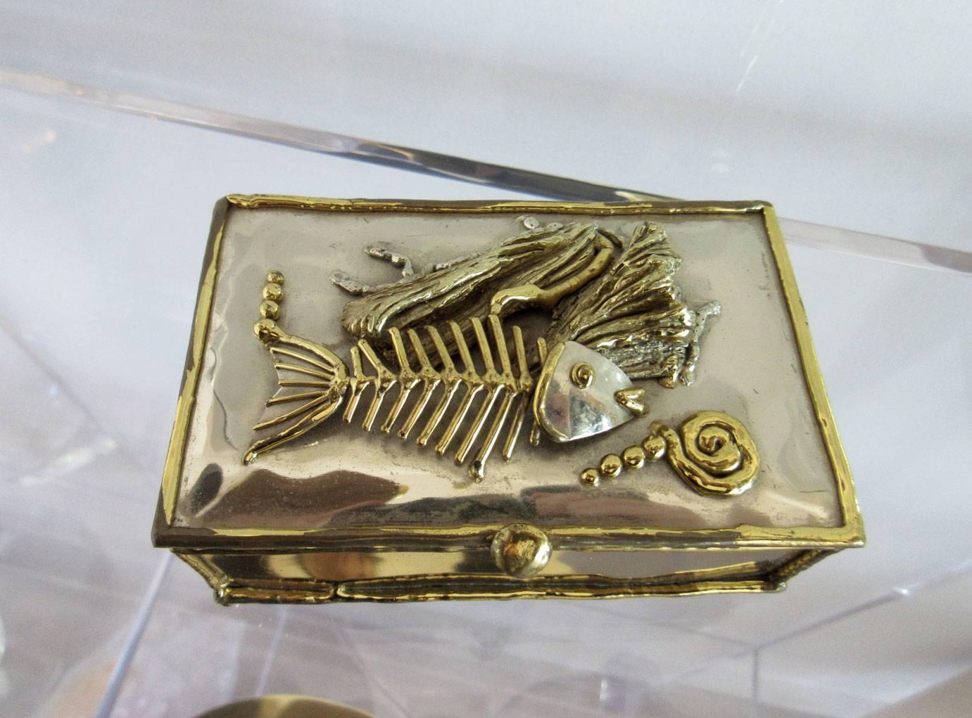 Vintage mixed metal Brutalist box with sculptural fish motif signed "PP.".