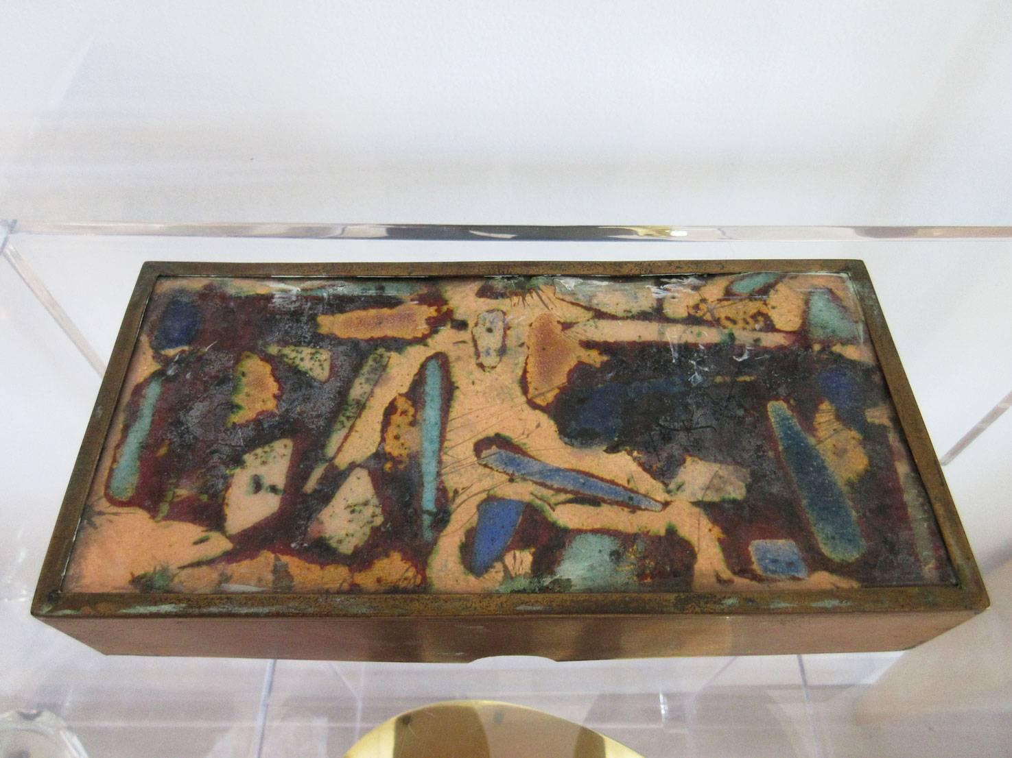Vintage modernist Italian box rectangular in shape with expressionistic enamel top and bronze body. The makers mark is illegible.