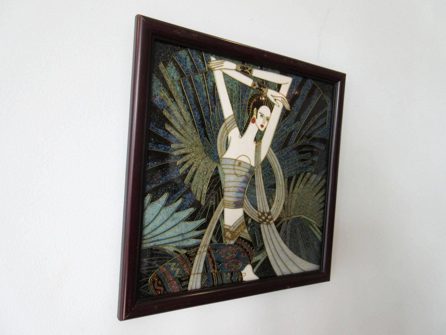 Vintage hard stone inlay of semi precious specimens probably German dating from the 1970s. The piece is made by a skilled hand as the craftsmanship is very refined. The subject matter is a semi nude in costume surrounded by exotic palms.