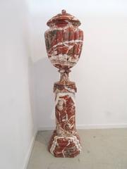 Monumental Pair of Breccia Marble Covered Urns on Pedestals