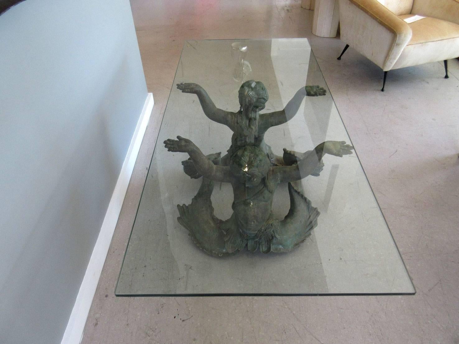 Belle Époque Bronze Merman Coffee Table with Glass Top For Sale
