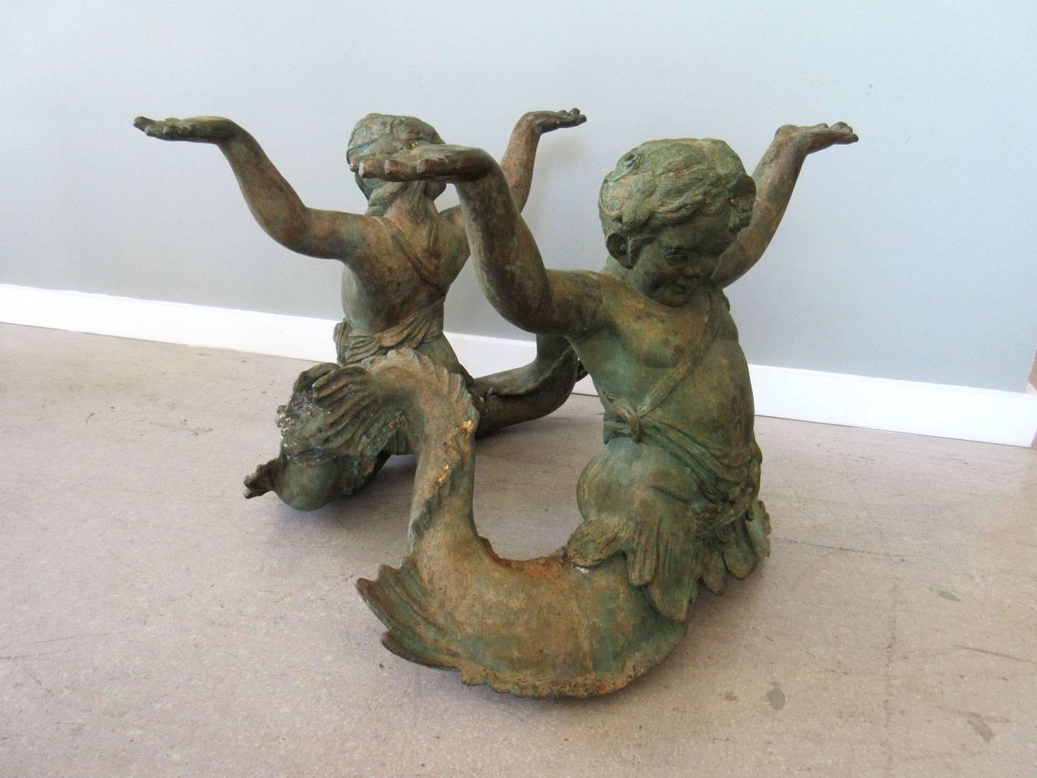 Mid-20th Century Bronze Merman Coffee Table with Glass Top For Sale