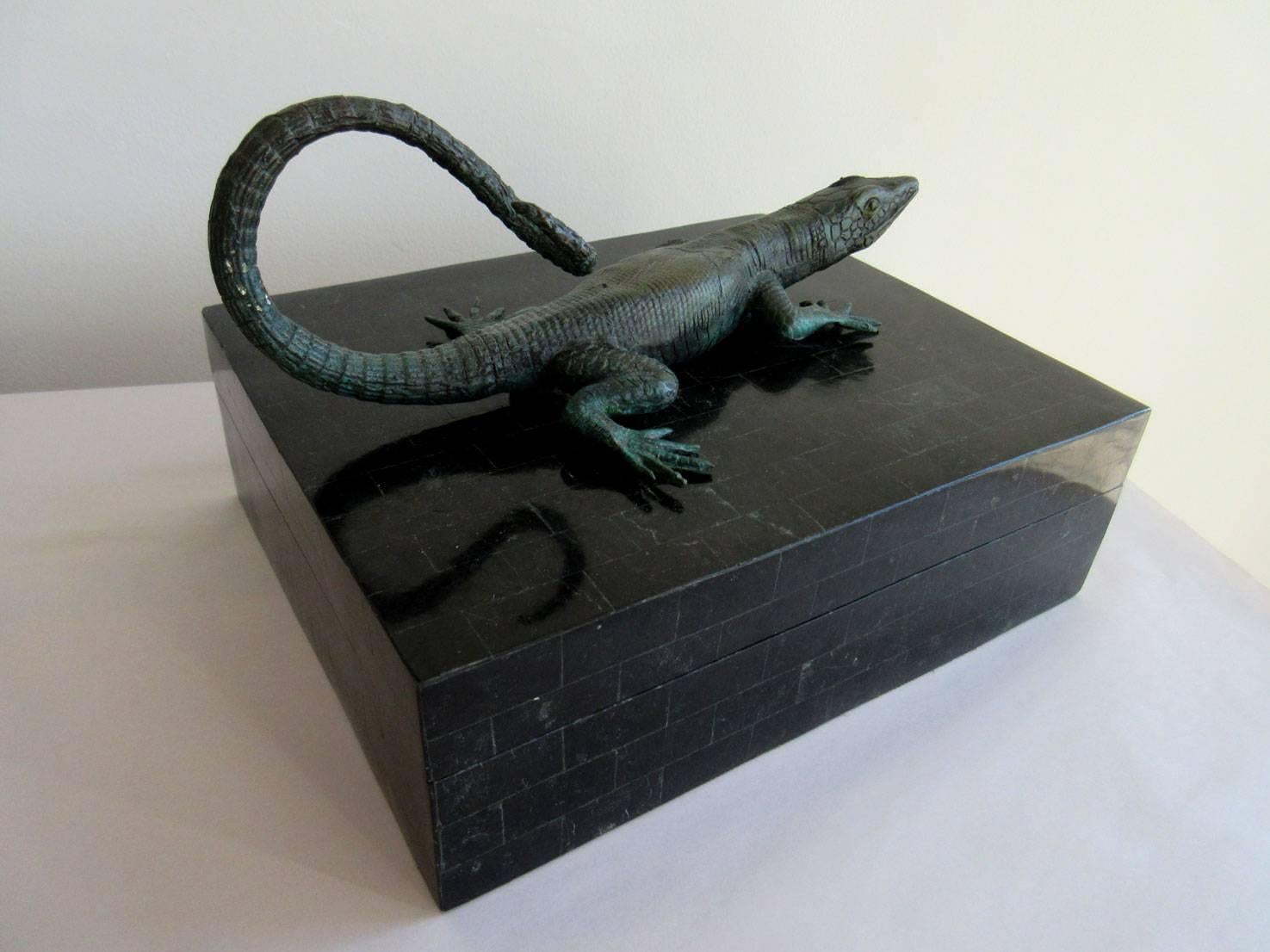 Inlay Black Tessellated Maitland Smith Box with Lizard For Sale