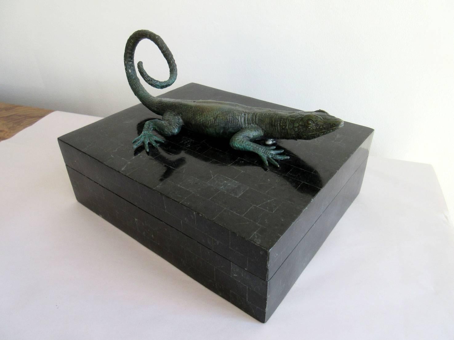 Philippine Black Tessellated Maitland Smith Box with Lizard For Sale