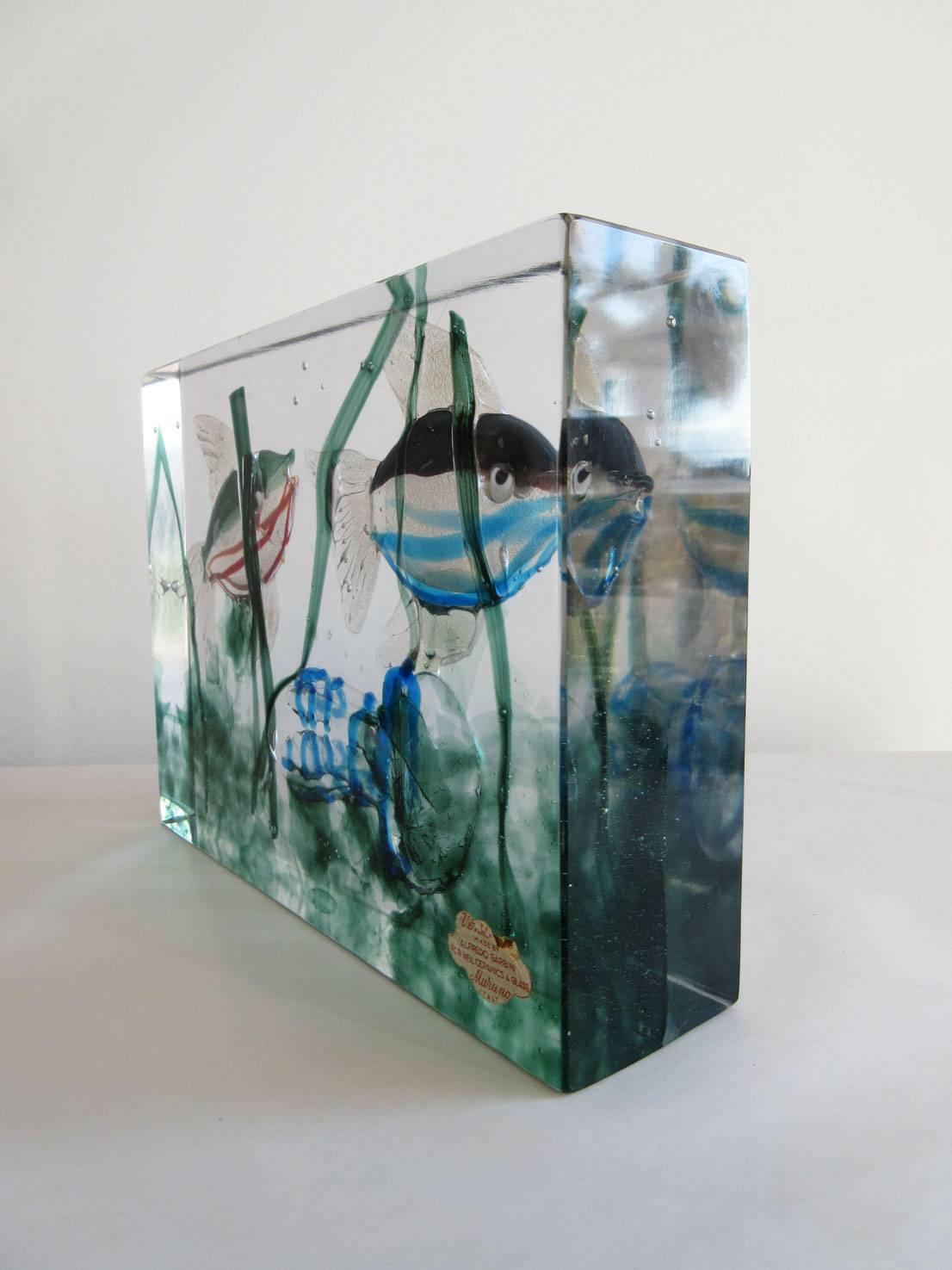 Vintage Alfredo Barbini Murano glass block in his signature 'aquarium' motif. The back of the block still features the original sticker.