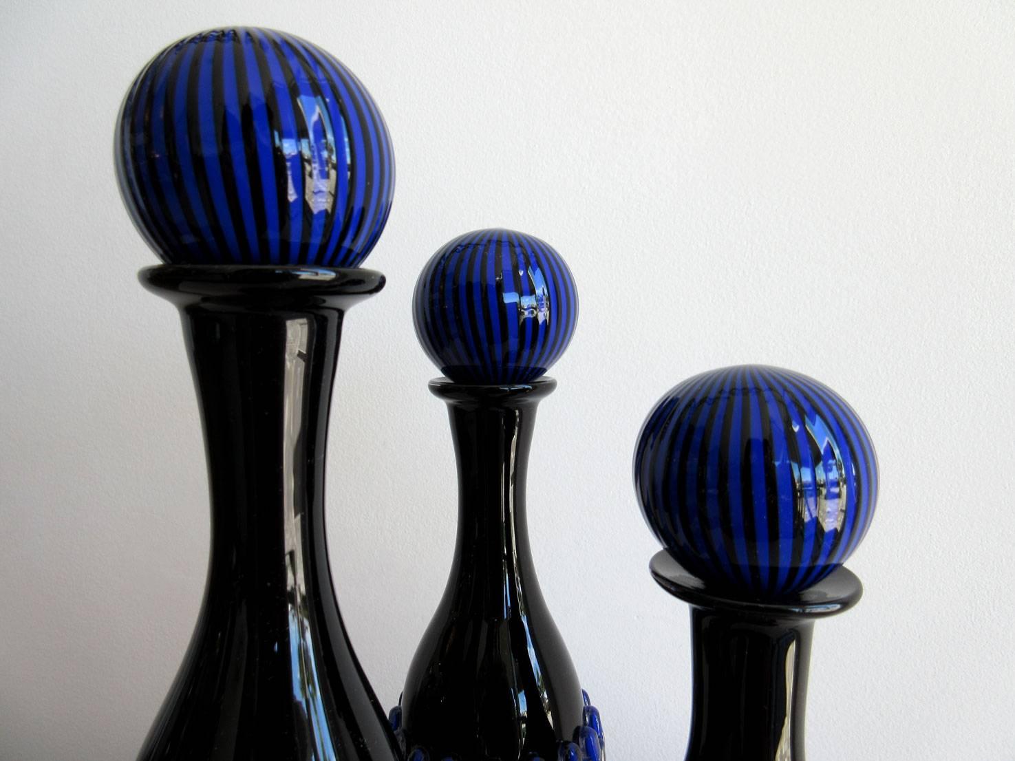 American Set of Three Blown Glass Decanters Signed by Peter Greenwood For Sale