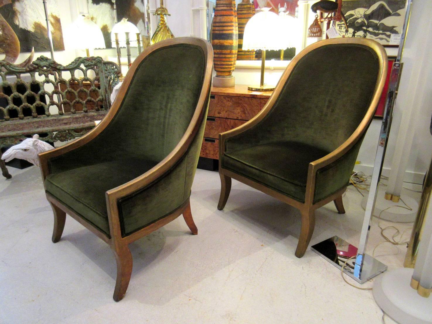 Pair of vintage slipper chairs in moss green velvet with gilt gold edge by New York company B. Altman.

Chairs were produced in the 1940s. Have been reupholstered in the 1970s.