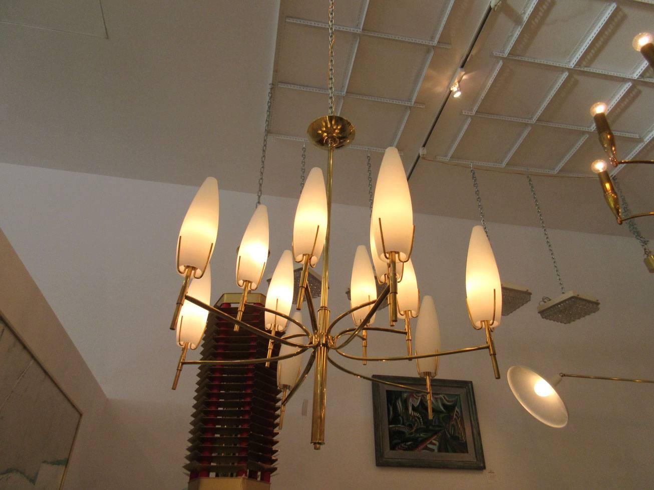 Mid-Century Modern Italian Brass Twelve-Arm Chandelier with Conical Frosted Shades