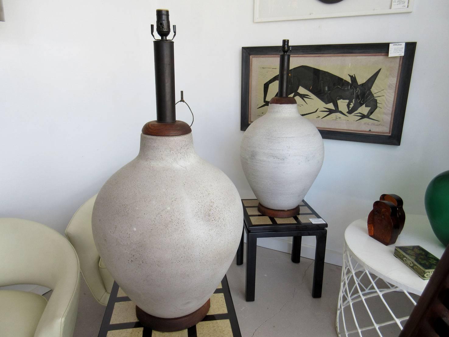 Pair of gigantic Mid-Century Modern pottery lamps, re-wired.