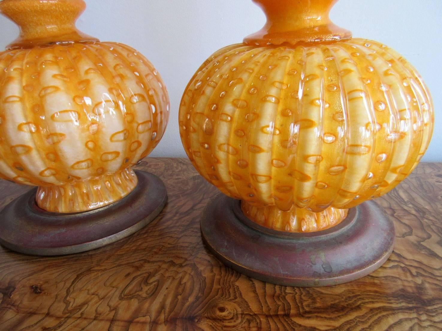 Italian Pair of Orange Murano Glass Lamps