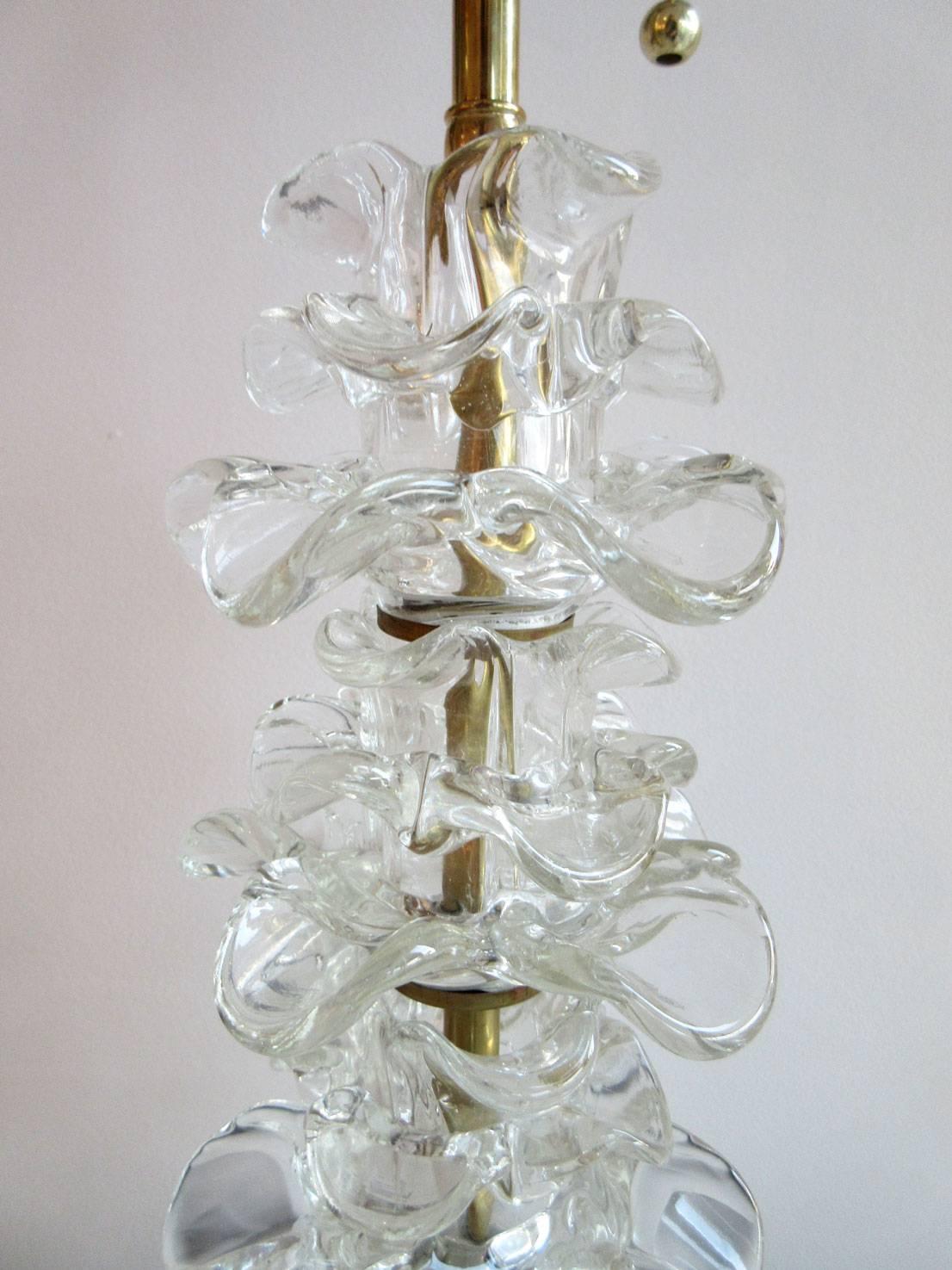 Mid-Century Modern Pair of Clear Murano Glass Flower Lamps For Sale