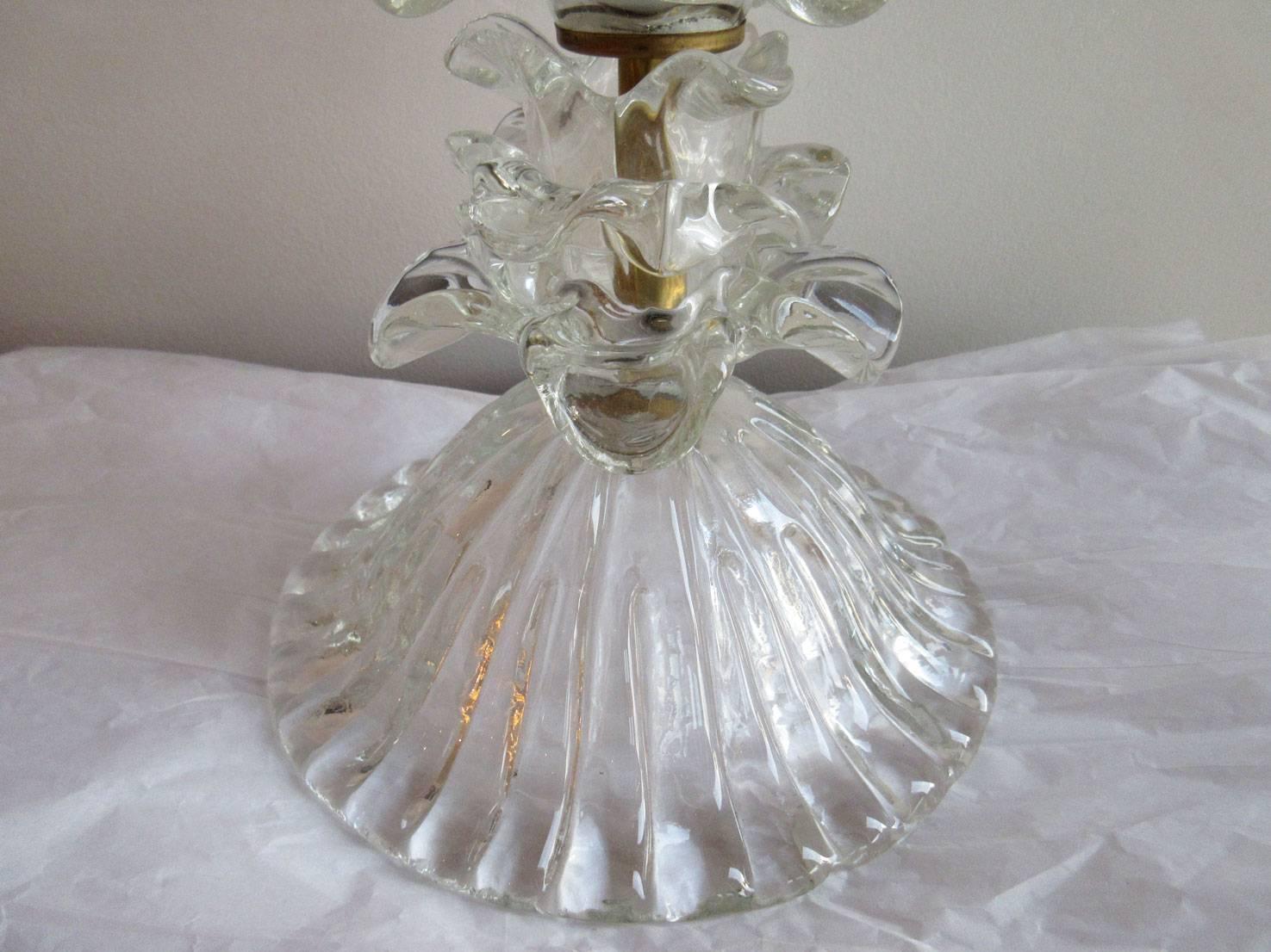 Italian Pair of Clear Murano Glass Flower Lamps For Sale