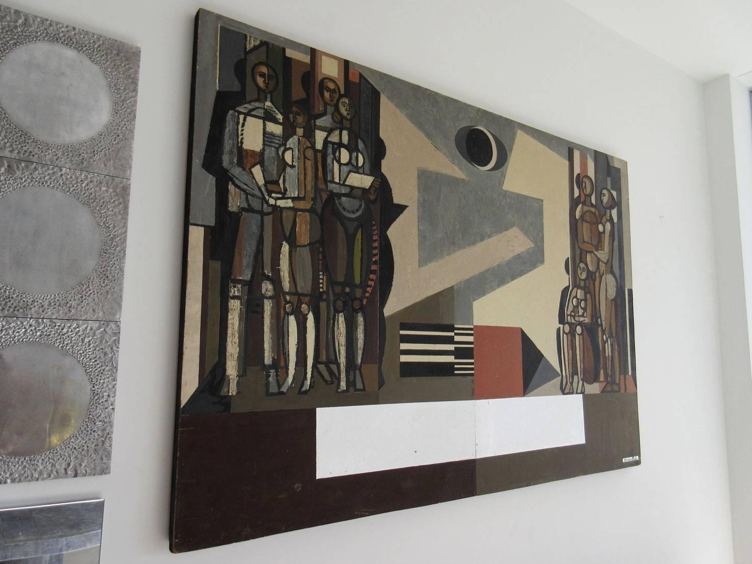 Mid-Century Modern oil painting on wood by Hungarian Artist Bencze Laszlo.
Entitled Mozaik 46 H x 66 W. Large-scale modernist image of stylized geometric people in an abstract constructivist landscape.