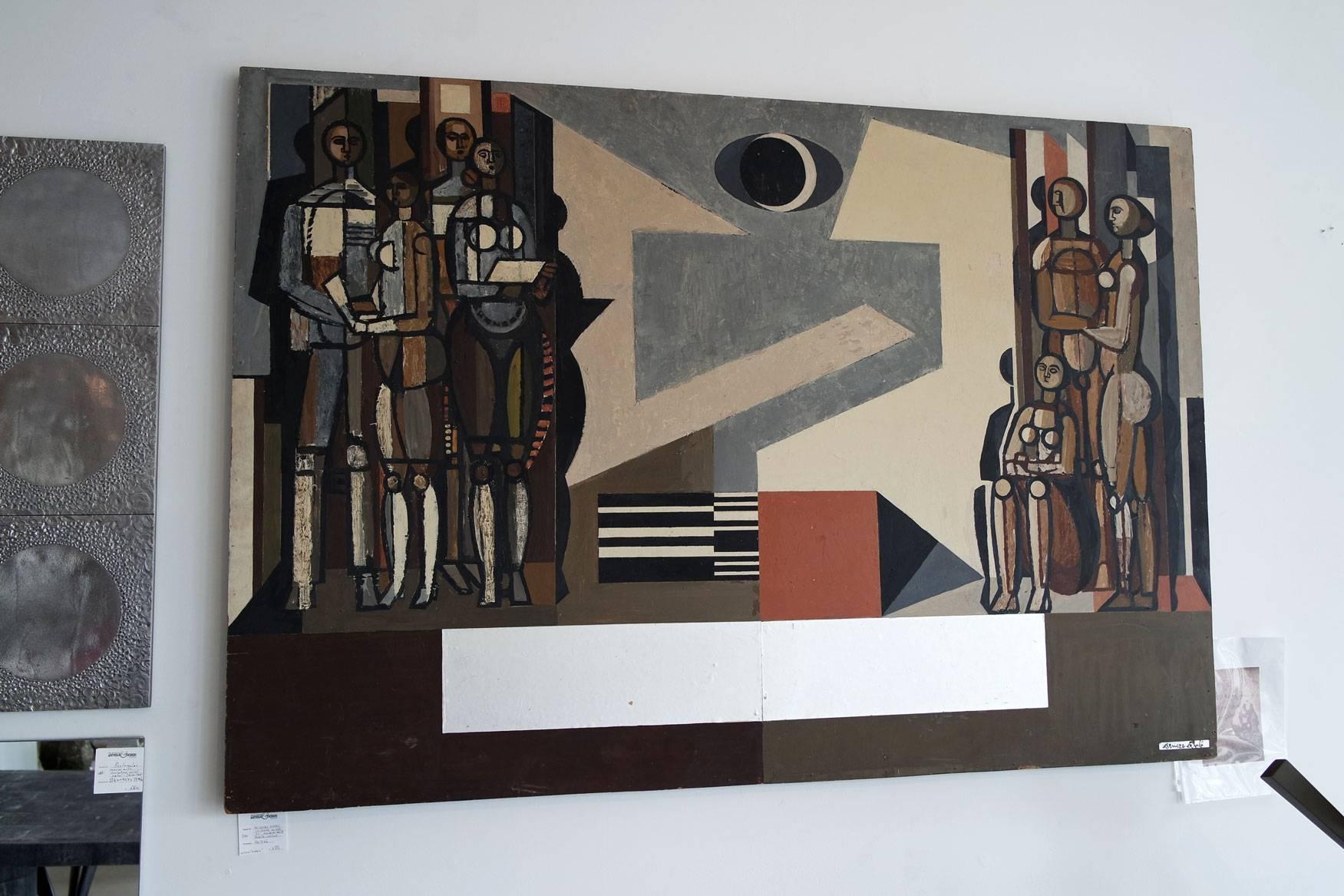 Painted Mid-Century Modern Oil Painting on Wood by Hungarian Artist Bencze Laszlo For Sale