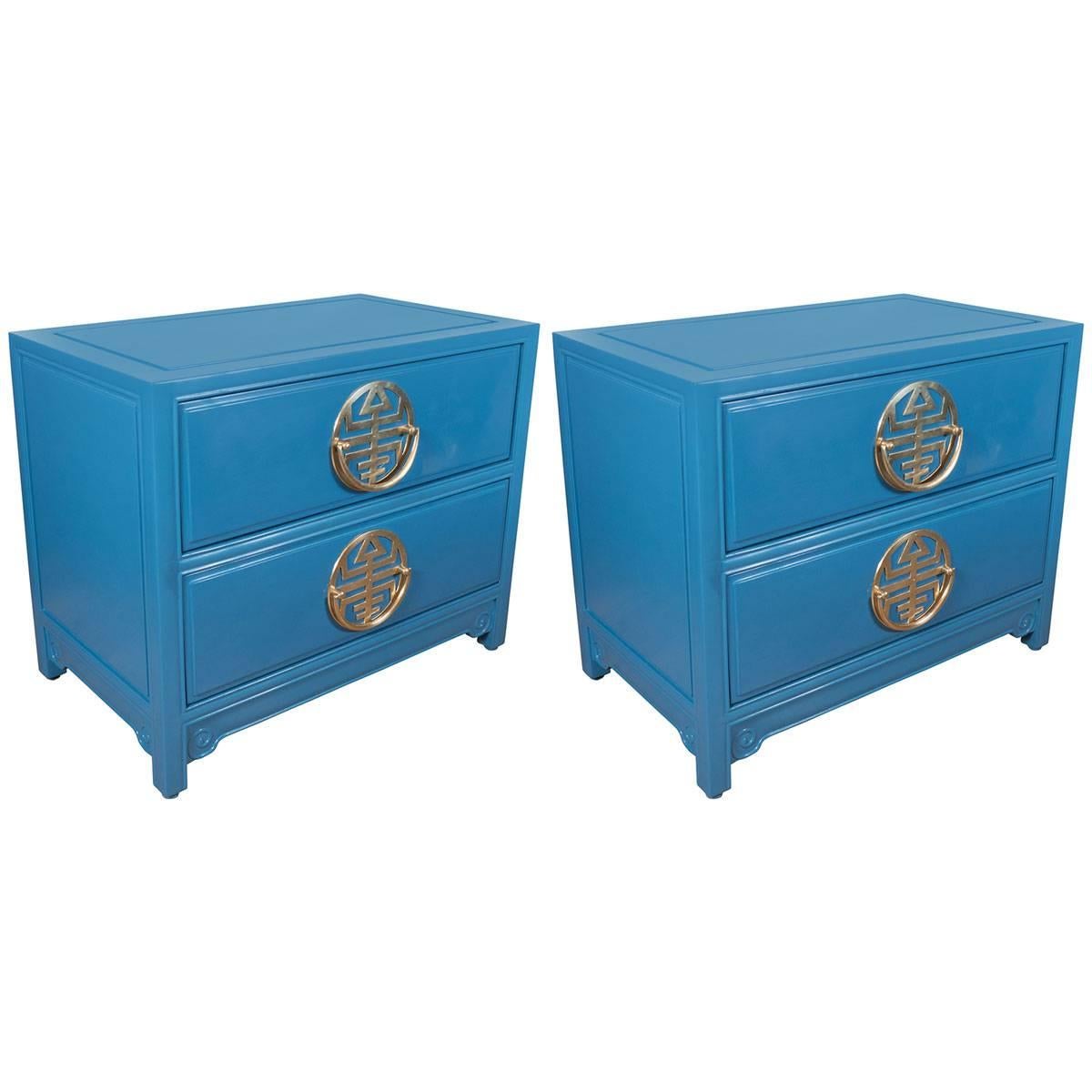 Pair of  Vintage Blue Lacquered Bedside Tables For Sale