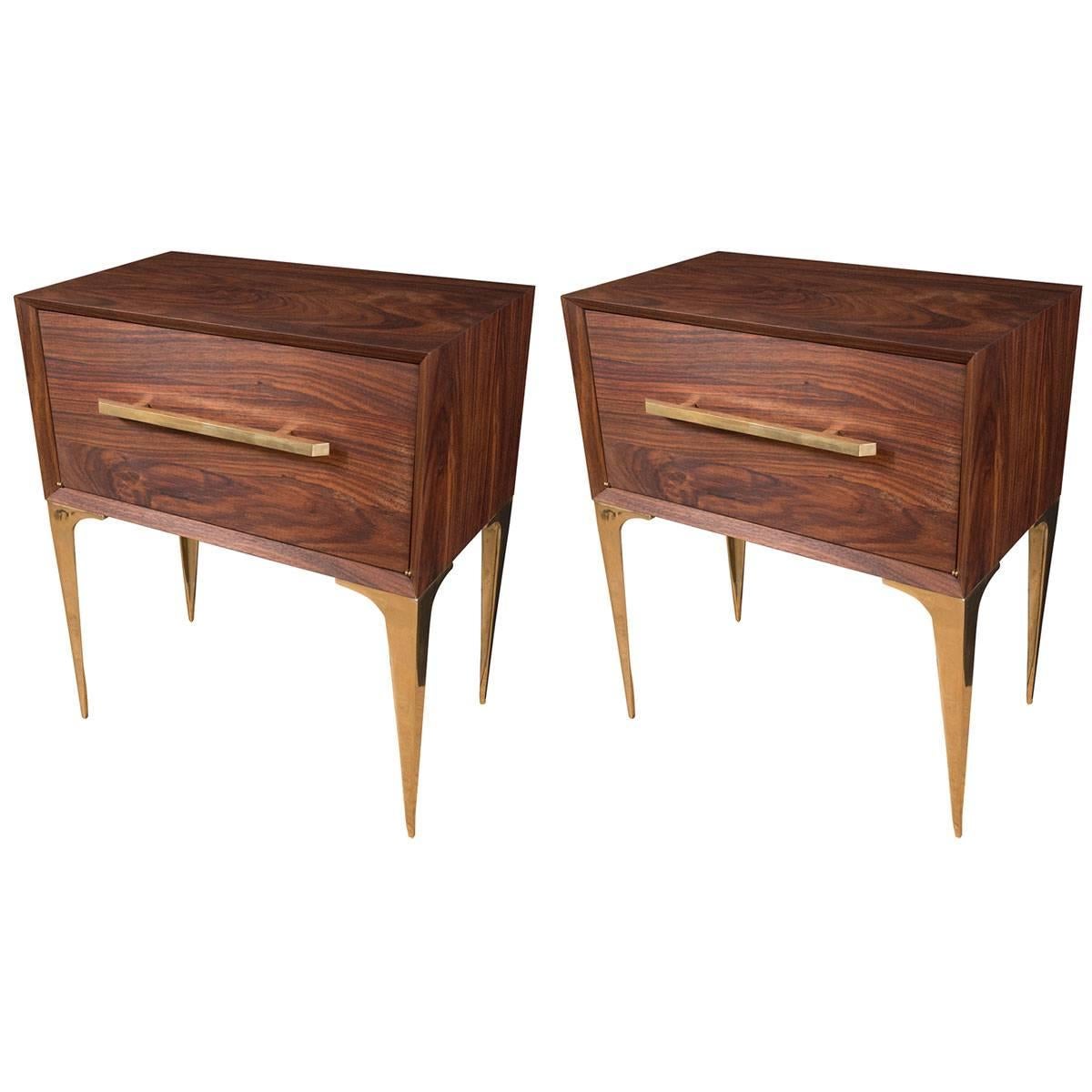 Pair of MCM Palisander and Brass Side Tables with Glass Tops