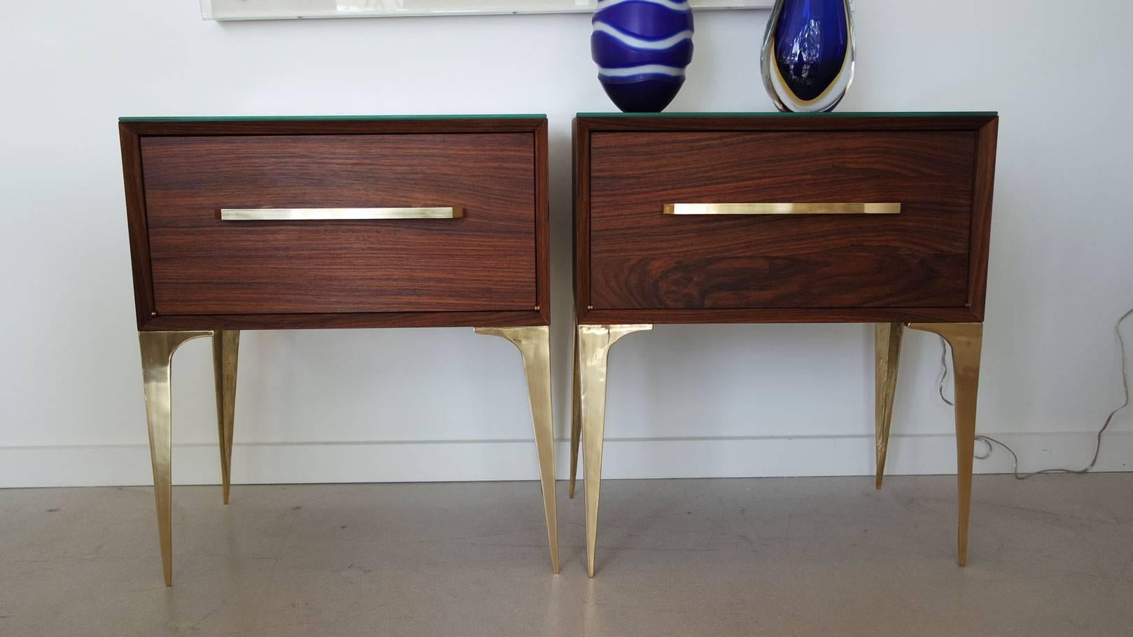 Mid-Century Modern Pair of MCM Palisander and Brass Side Tables with Glass Tops