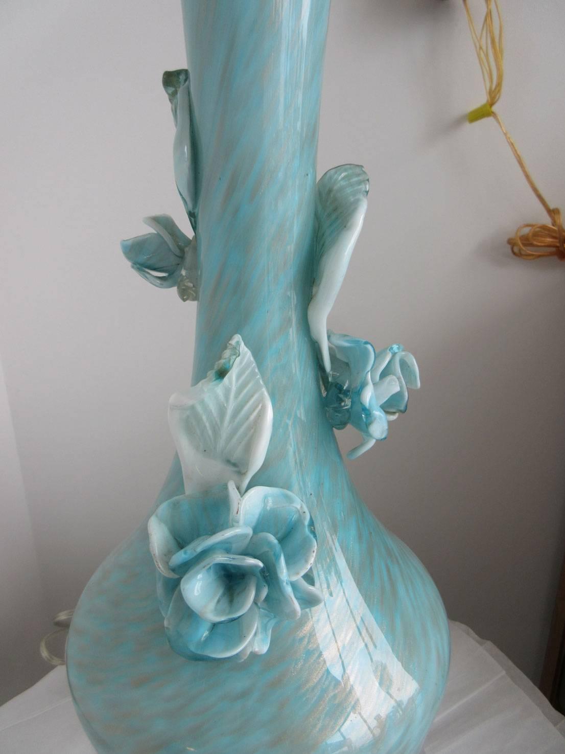 Vintage aqua blue Murano lamp with roses on Lucite base.