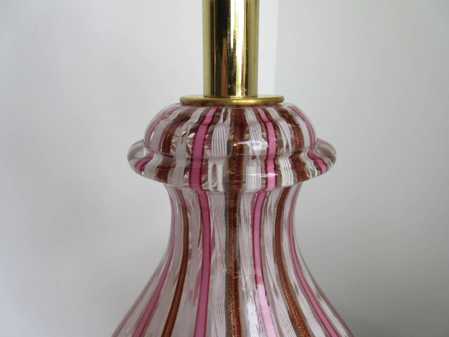Murano latticino lamp in pink, cherry and white on a Lucite base.