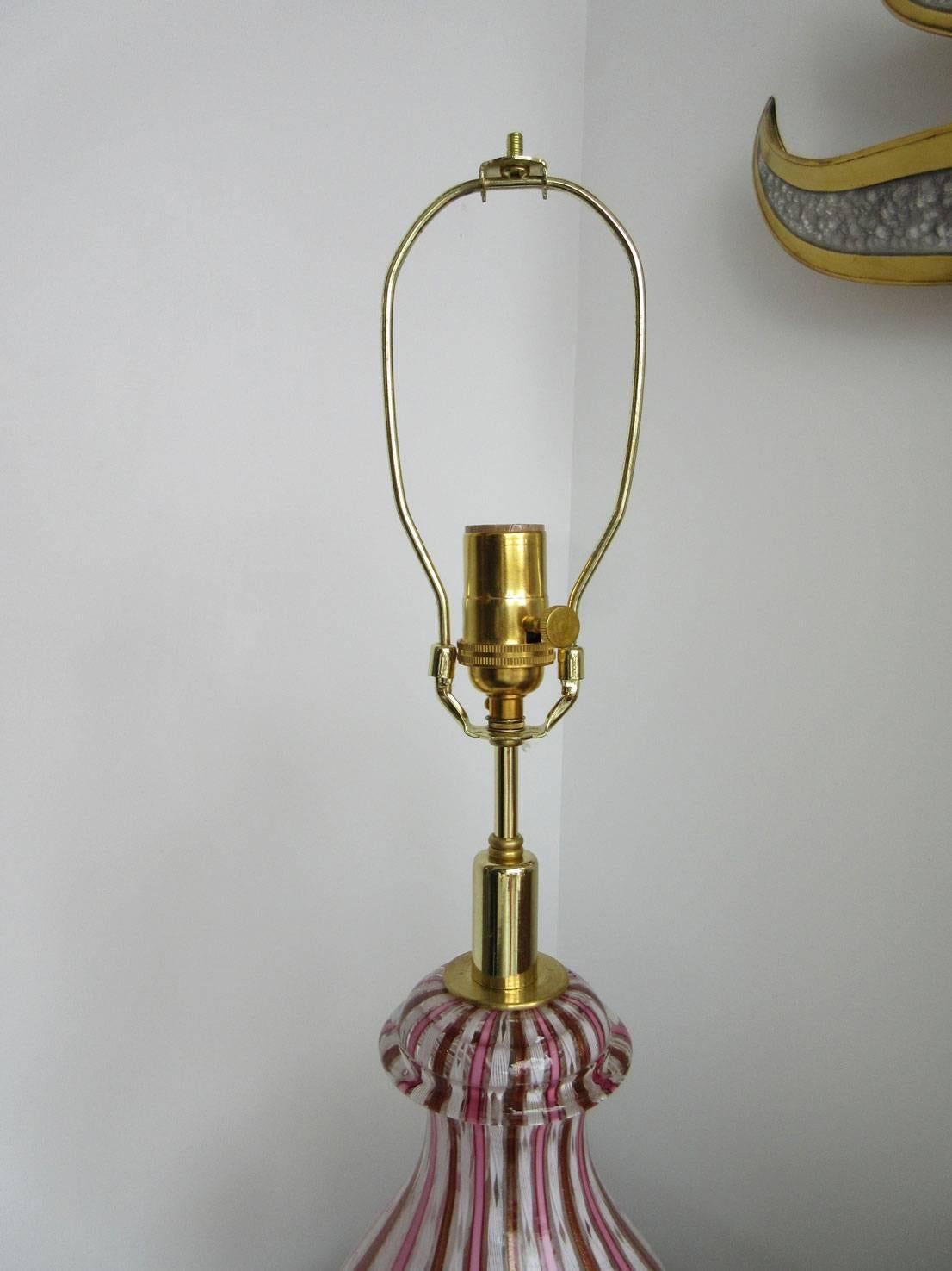 Mid-Century Modern Vintage Pink Striped Murano Latticino Lamp