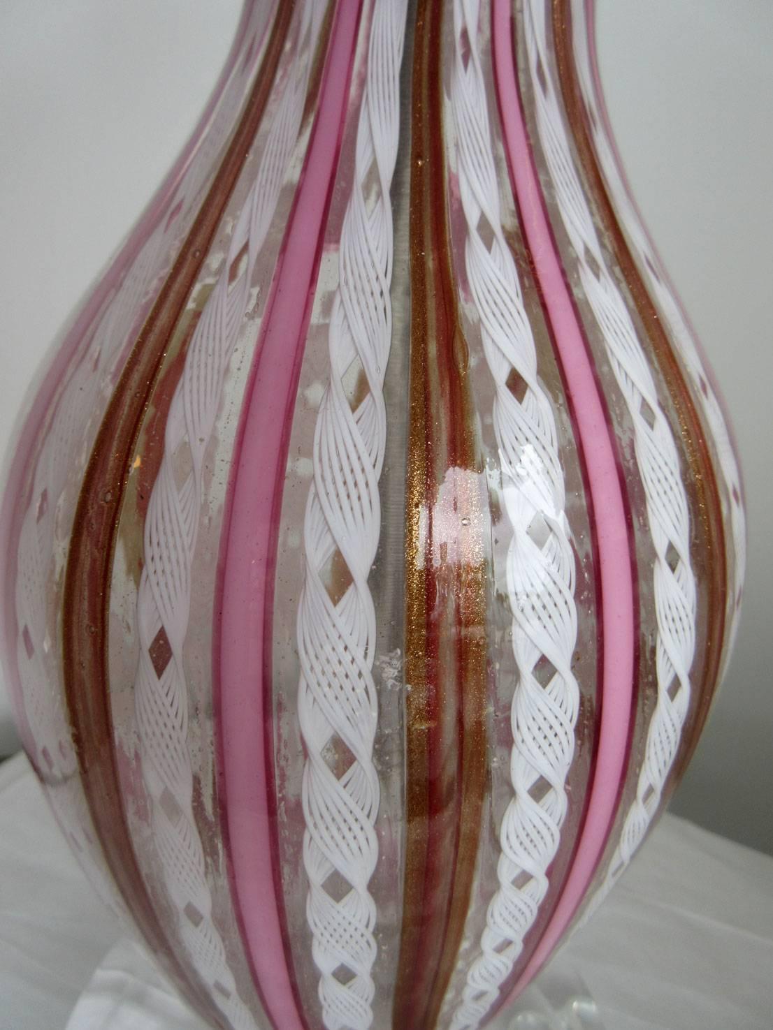 Vintage Pink Striped Murano Latticino Lamp In Good Condition In West Palm Beach, FL