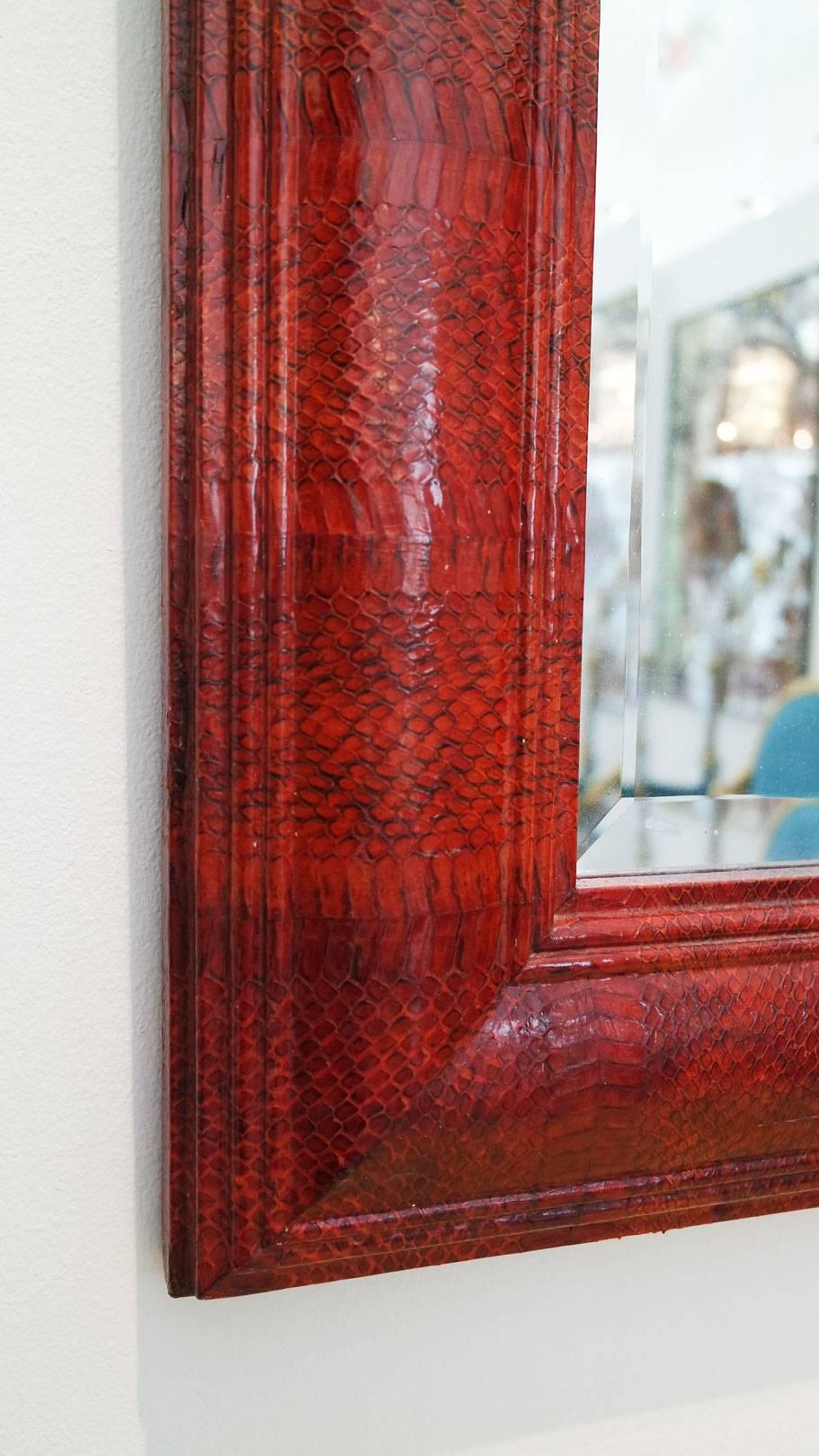 Vintage Red Python Mirror Signed by Karl Springer In Good Condition In West Palm Beach, FL