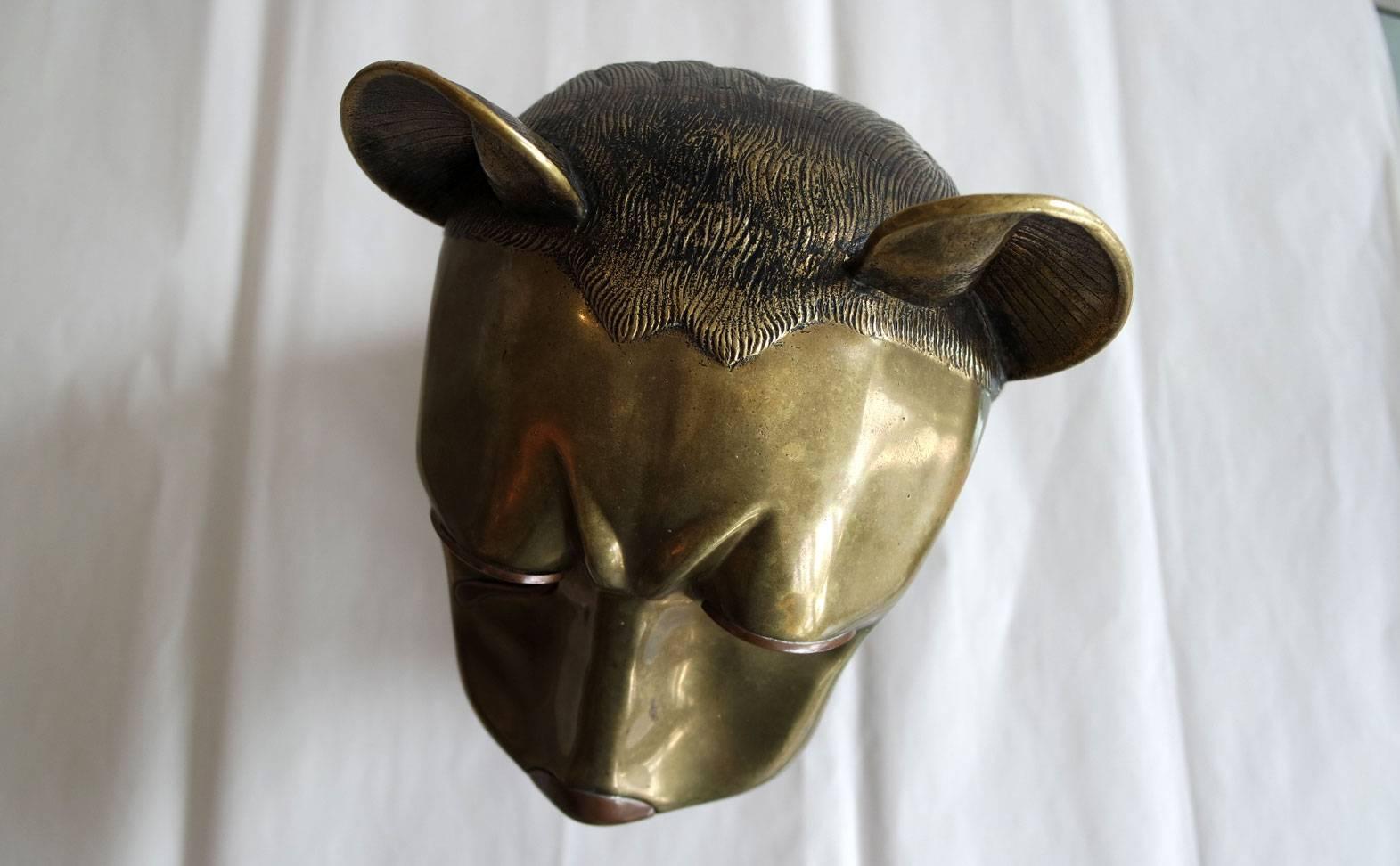 Mid-20th Century Vintage Brass Lion Head Sculpture in the Style of Chapman For Sale