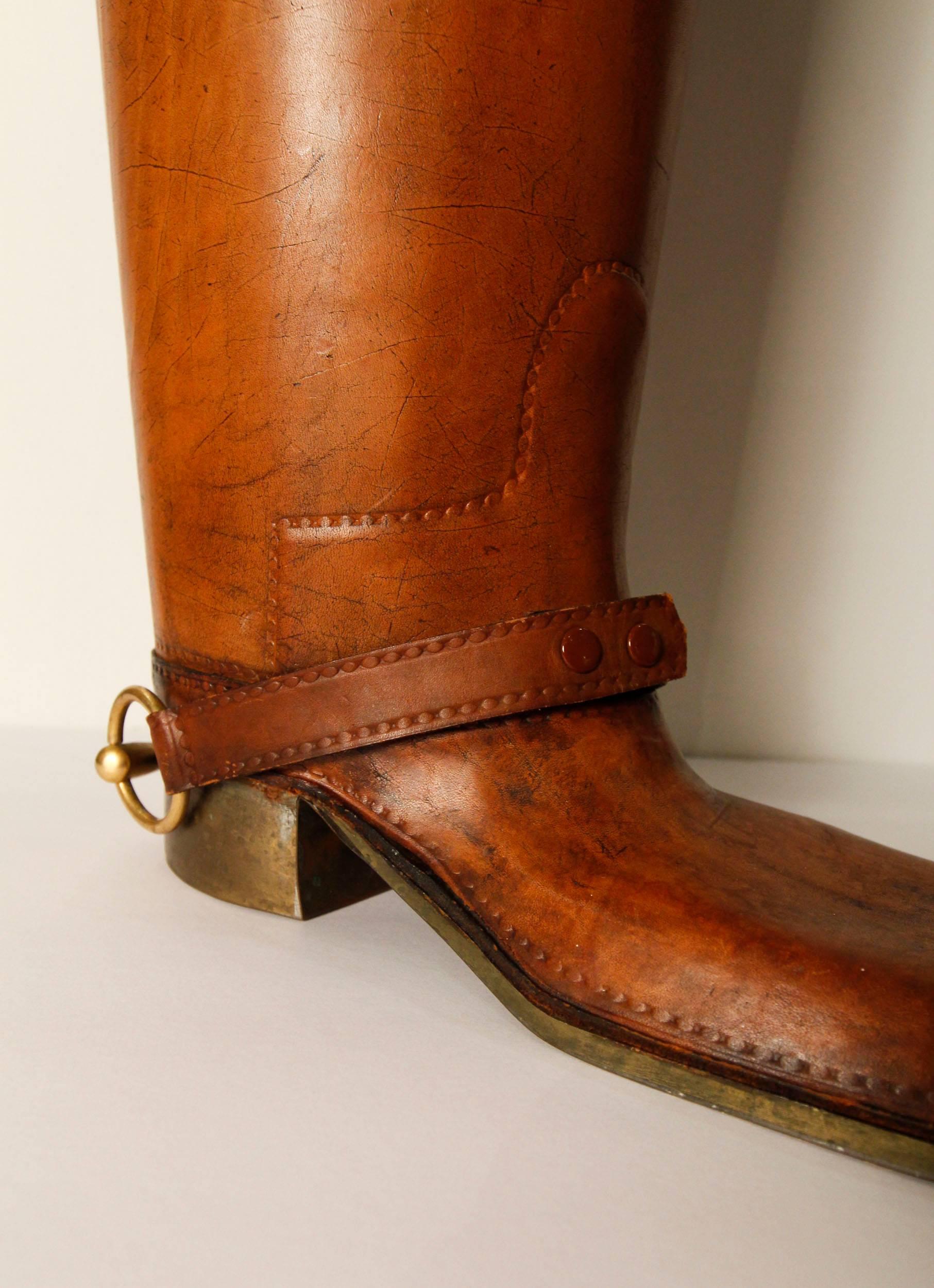 Mid-Century Modern Large Leather and Brass Equestrian Boot, Style of Gucci For Sale