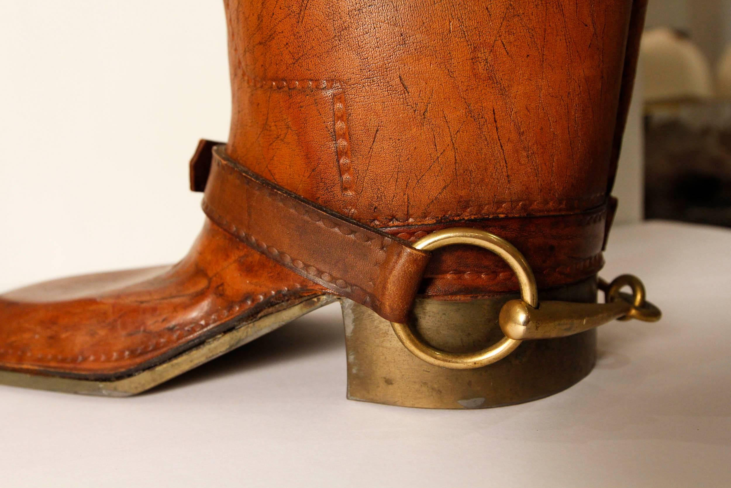 Large Leather and Brass Equestrian Boot, Style of Gucci In Good Condition For Sale In West Palm Beach, FL