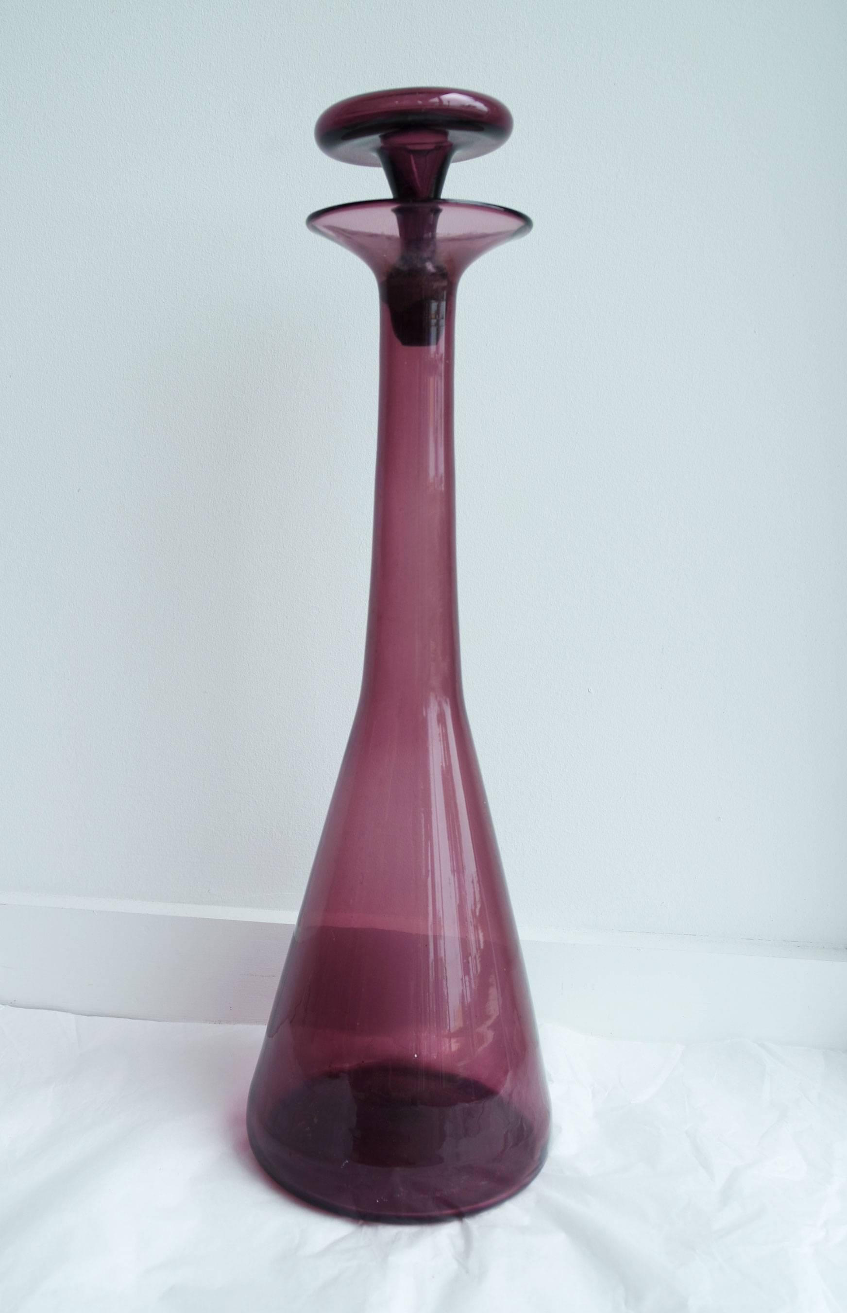 Large vintage purple Blenko glass decanter, one of many Blenko items in our collection for sale.