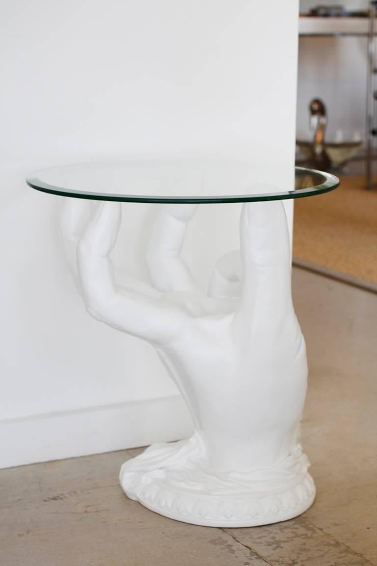 White plaster hand side table in the style of John Dickinson. Sculptural and attractive from all angles.