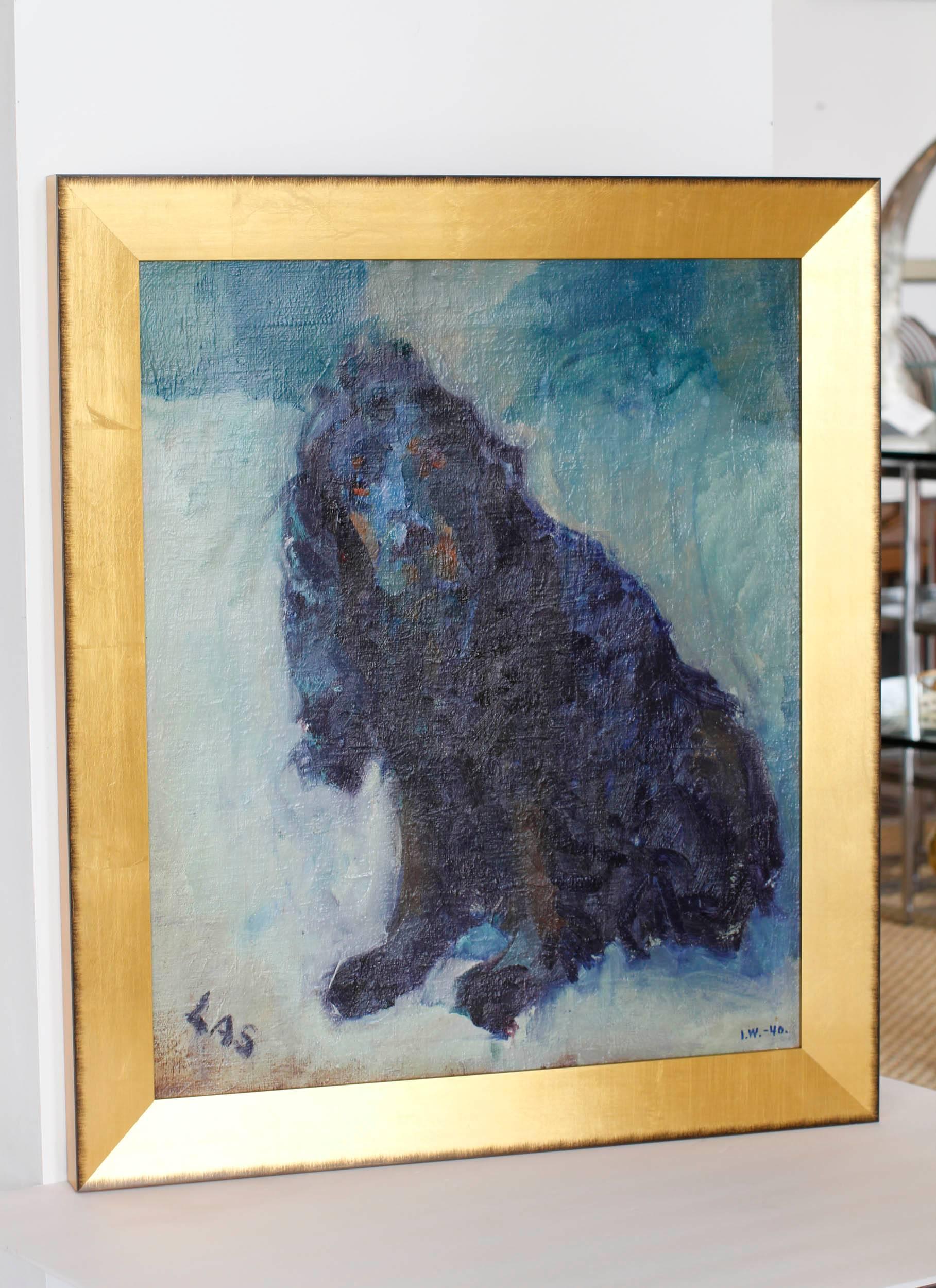 Dramatic and moody oil painting of a cocker spaniel. The vintage painting dates to the 1940s. Illegible signature.