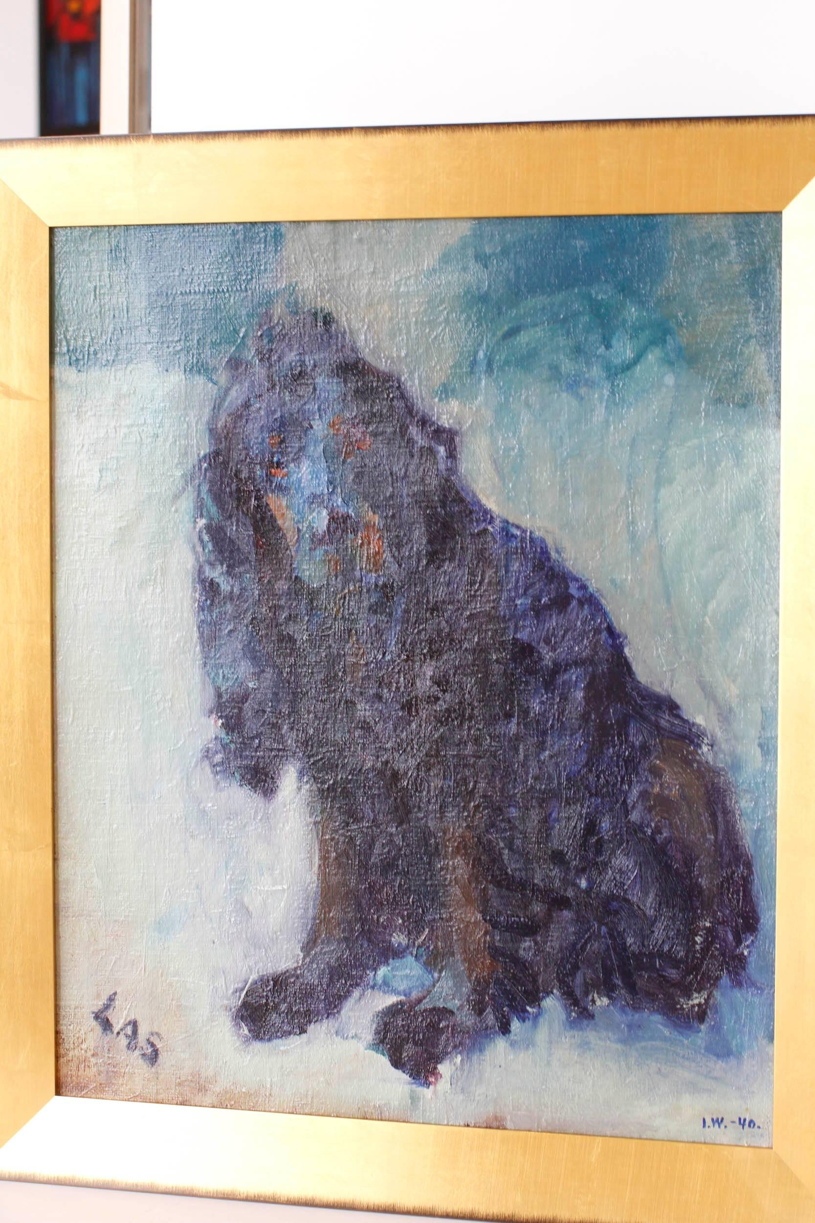 Oil on Burlap Portrait of Cocker Spaniel circa 1940s Signed and Dated For Sale 1