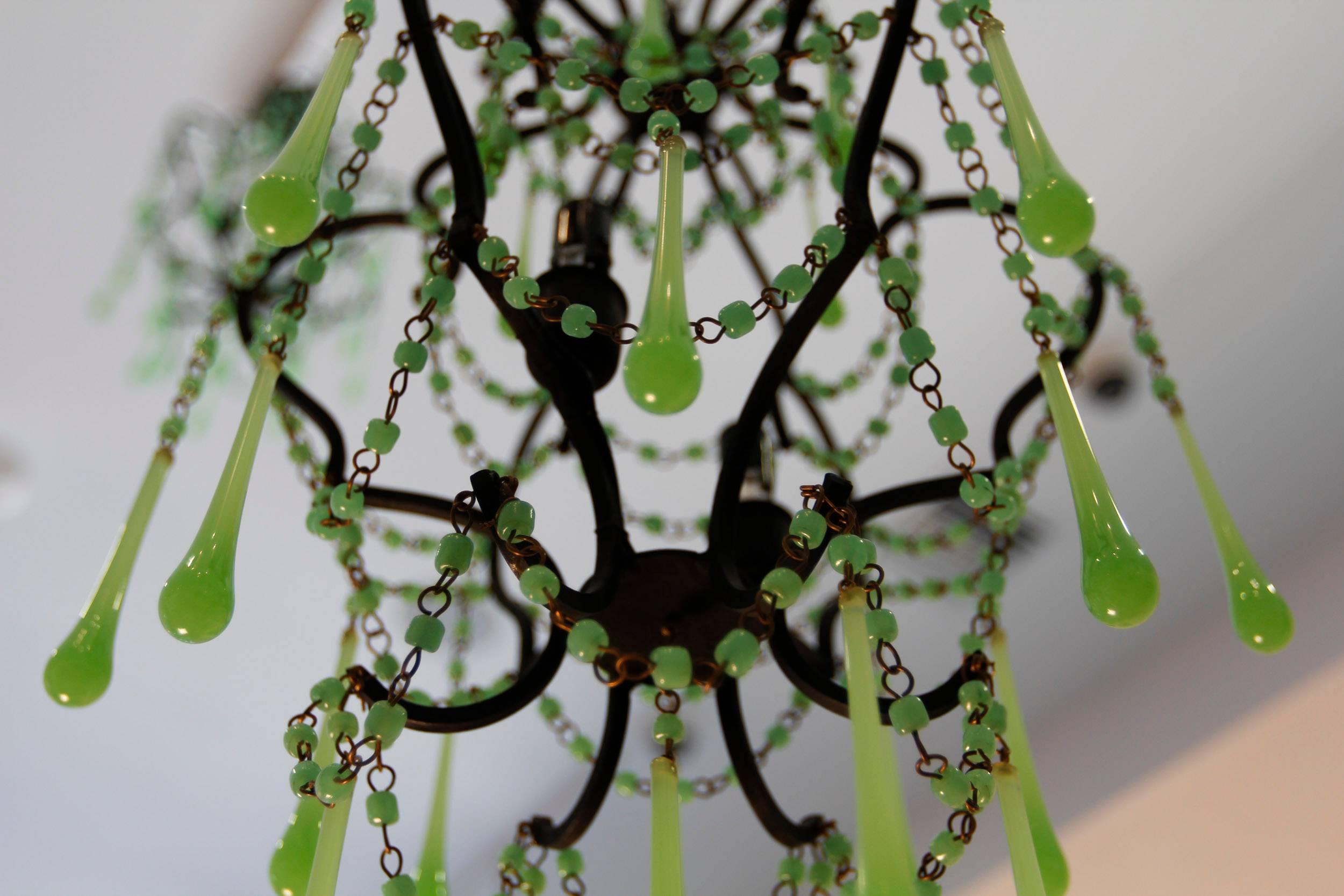 Hollywood Regency Vintage Pair of French Green Opaline Chandeliers, circa 1950s For Sale